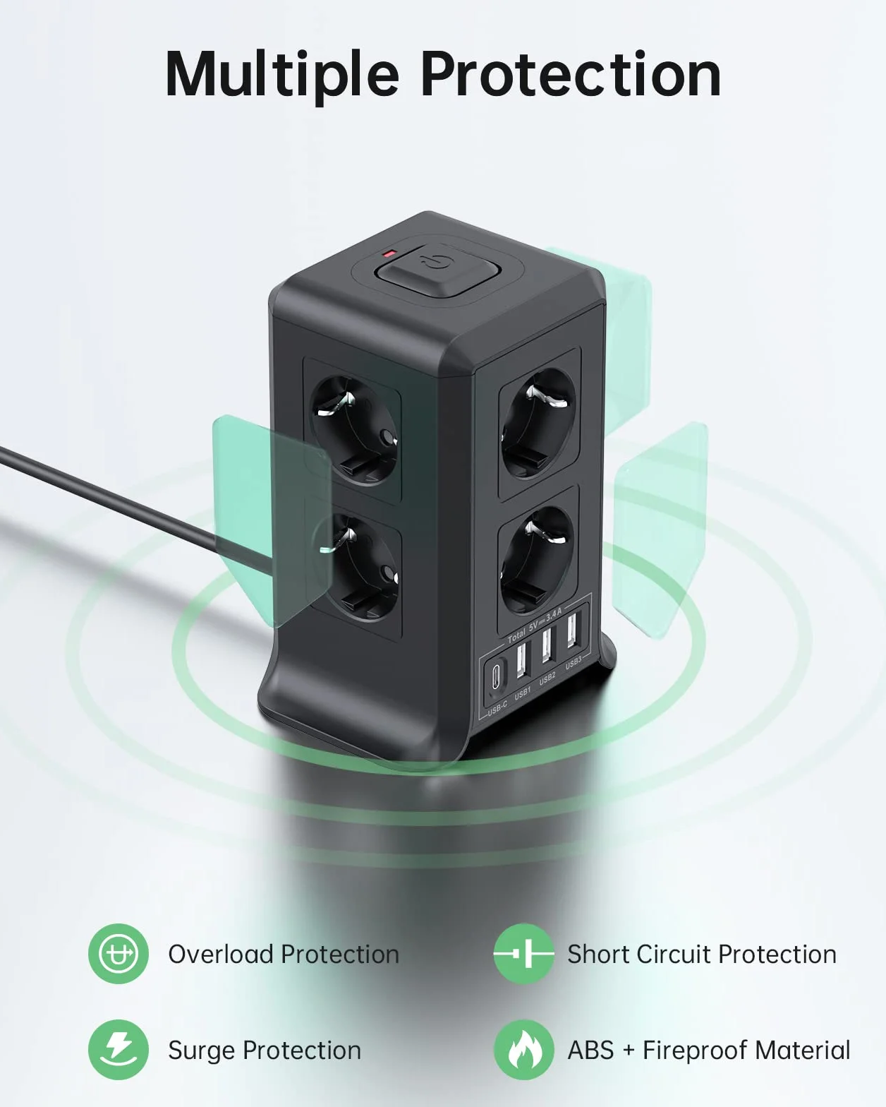 Torre Regletas Enchufes USB 8 Tomas AC 4 USB 2500W/10A Proteccion Sobretension 2M Vertical Interruptor Negro