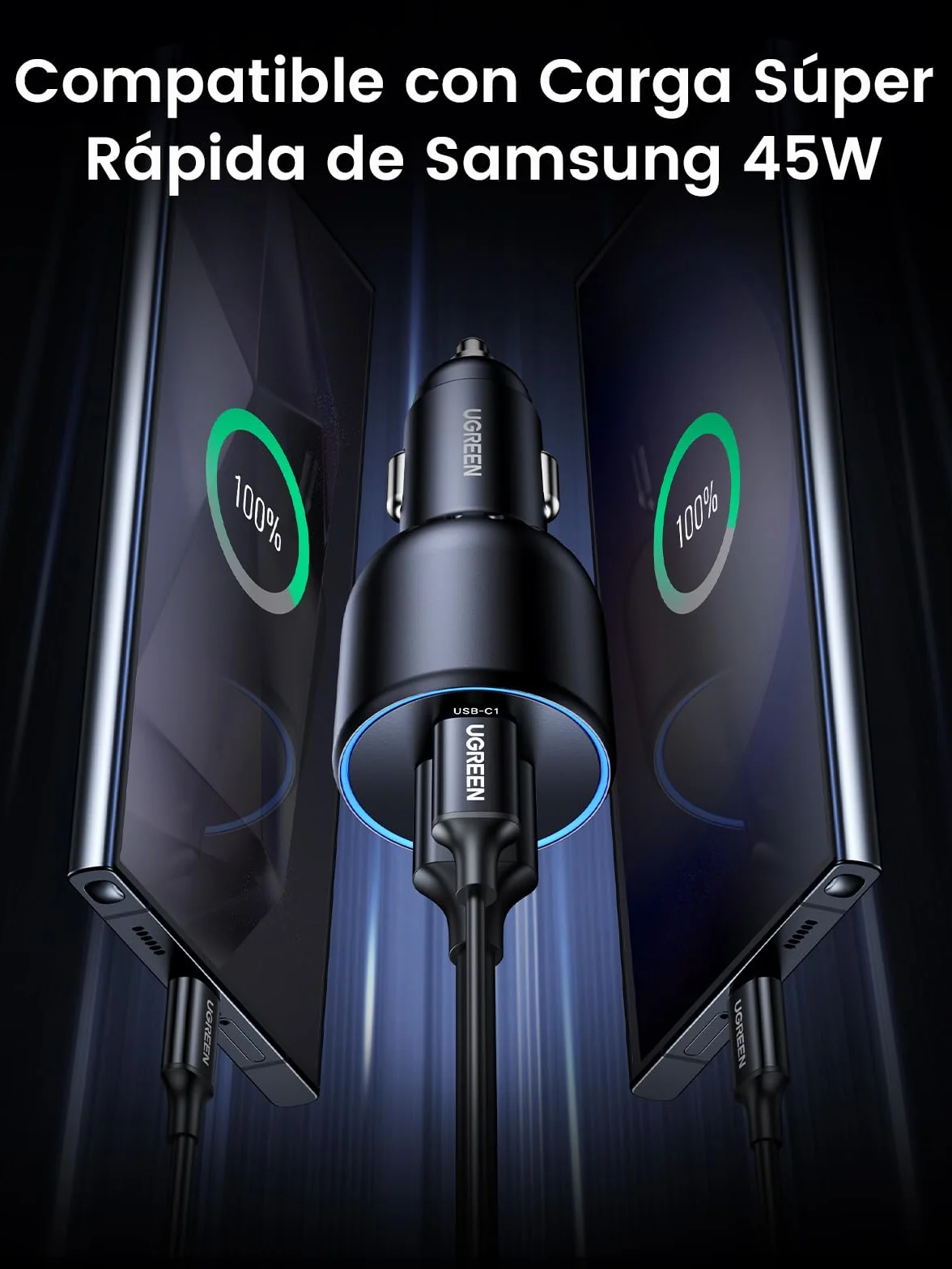 UGREEN 130W Cargador de Coche USB C Carga Rápida 3 Puertos Compatible iPhone Samsung Xiaomi MacBook iPad