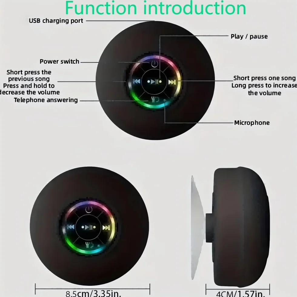 Altavoz Bluetooth Inalámbrico con Ventosa Impermeable Portátil Mini Speaker Luz LED Bass Estéreo