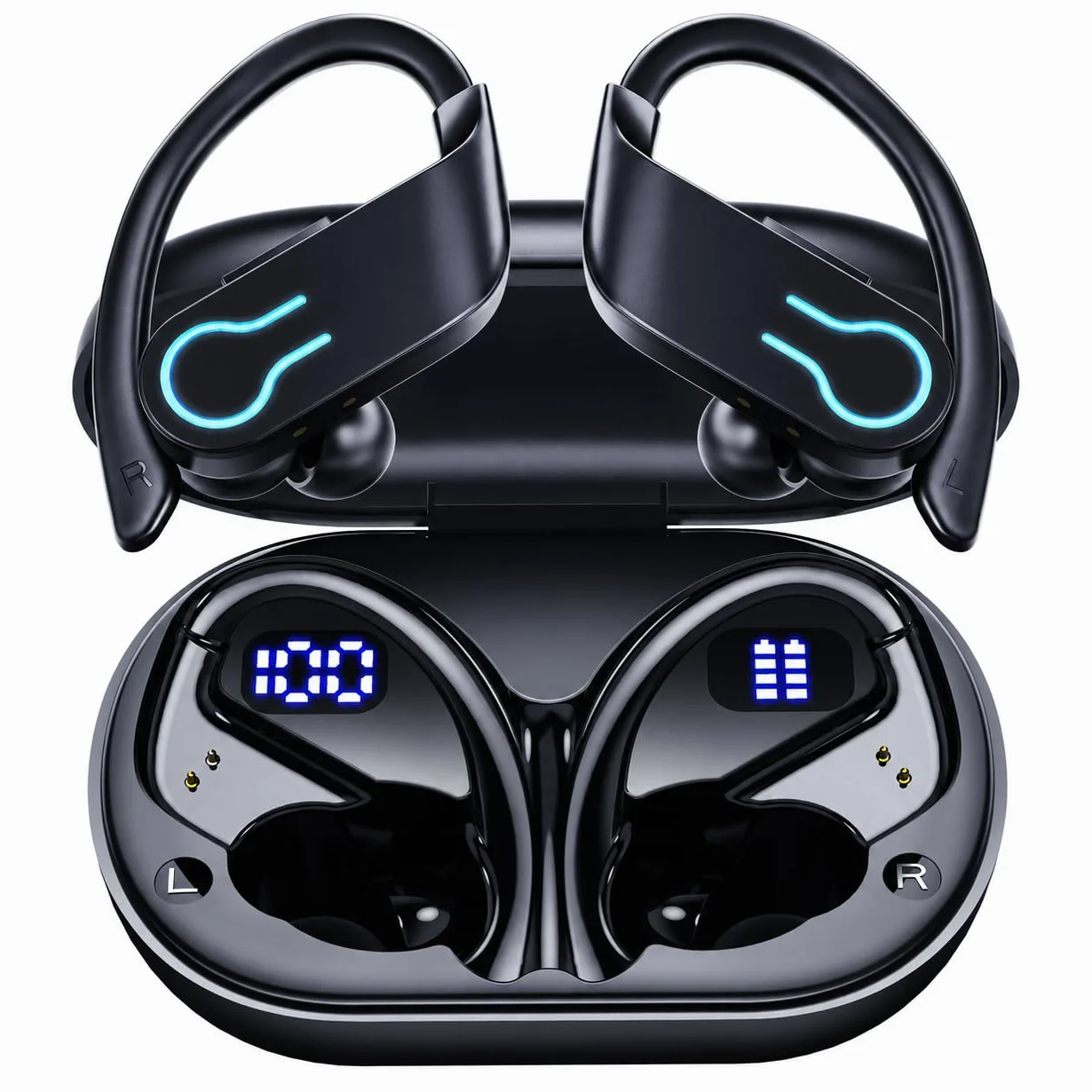 Auriculares Inalámbricos Deportivos Bluetooth 6.1 con Gancho 120H Reproducción LED IPX7 Impermeable ENC Cancelación de Ruido Cascos Running