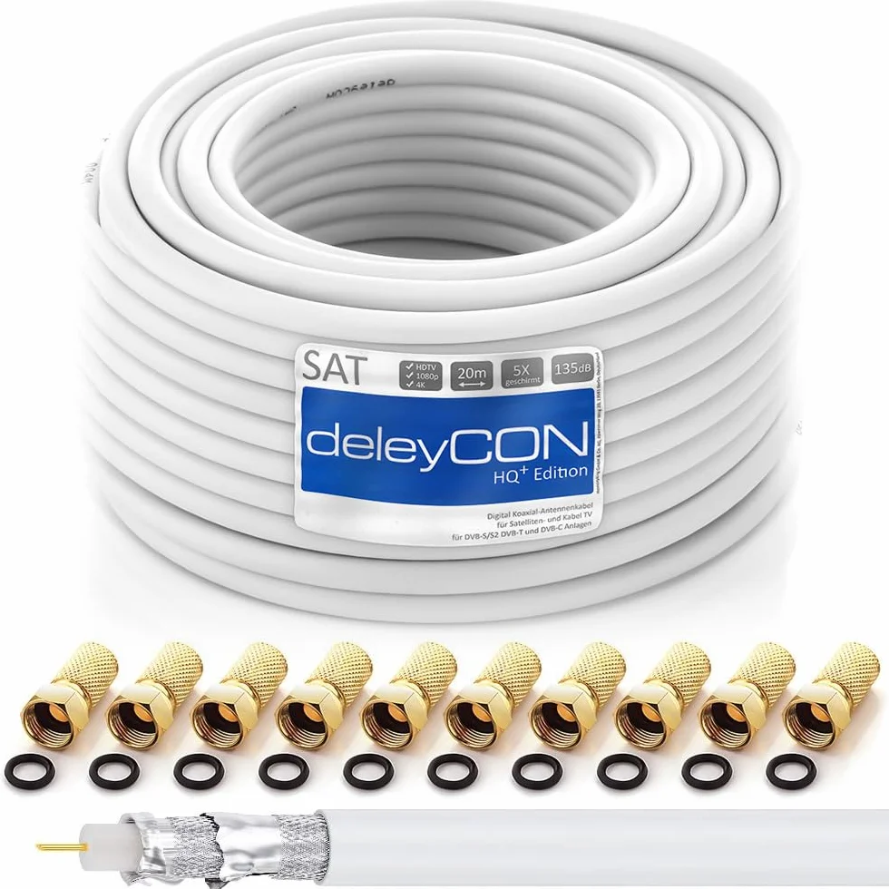 deleyCON HQ+ 20m Cable Coaxial SAT 135 dB - Blindaje Quíntuple para DVB-S / S2, DVB-T y DVB-C - 4K 1080p Full HD HDTV - Incl. 10 Conectores F Dorados