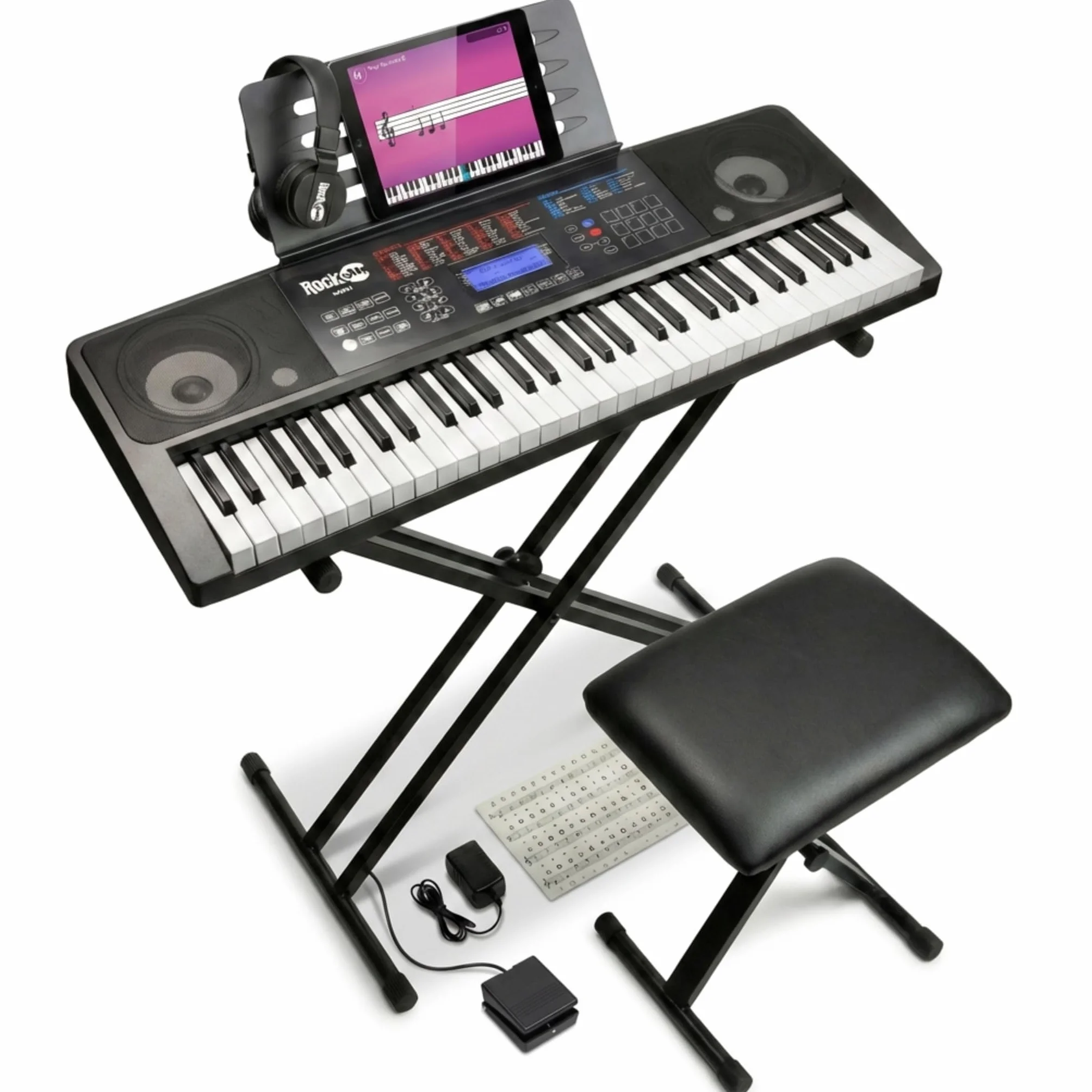 Rockjam Rj761 61 Kit de Teclado de Piano, Piano Digital 61 Clave, Banco Teclado, Soporte de Teclado, Auriculares, Pedal de Sustain y Simplemente Aplicación Piano