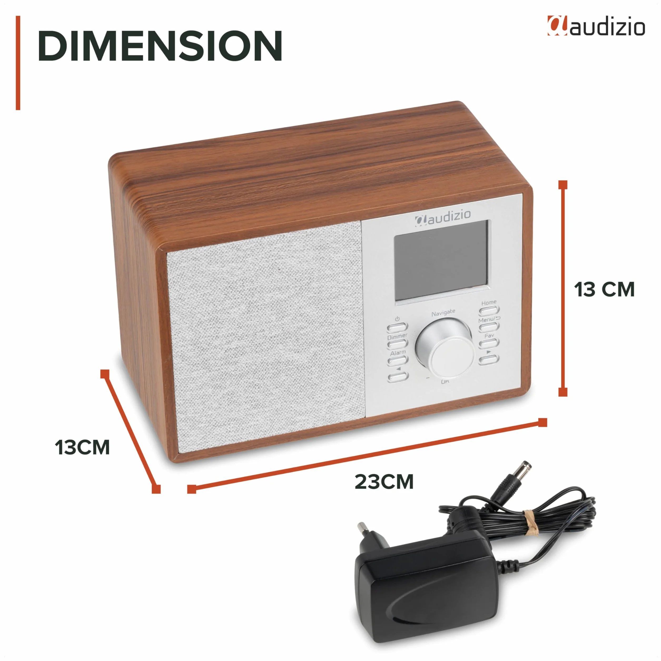 Audizio Cosa – Radio Dab+ FM Internet con Bluetooth 5.2, WiFi, 30W, Pantalla Color 2.4", Altavoz Radio Bluetooth con Entrada AUX y Salida Auriculares para casa y Oficina, Color Madera