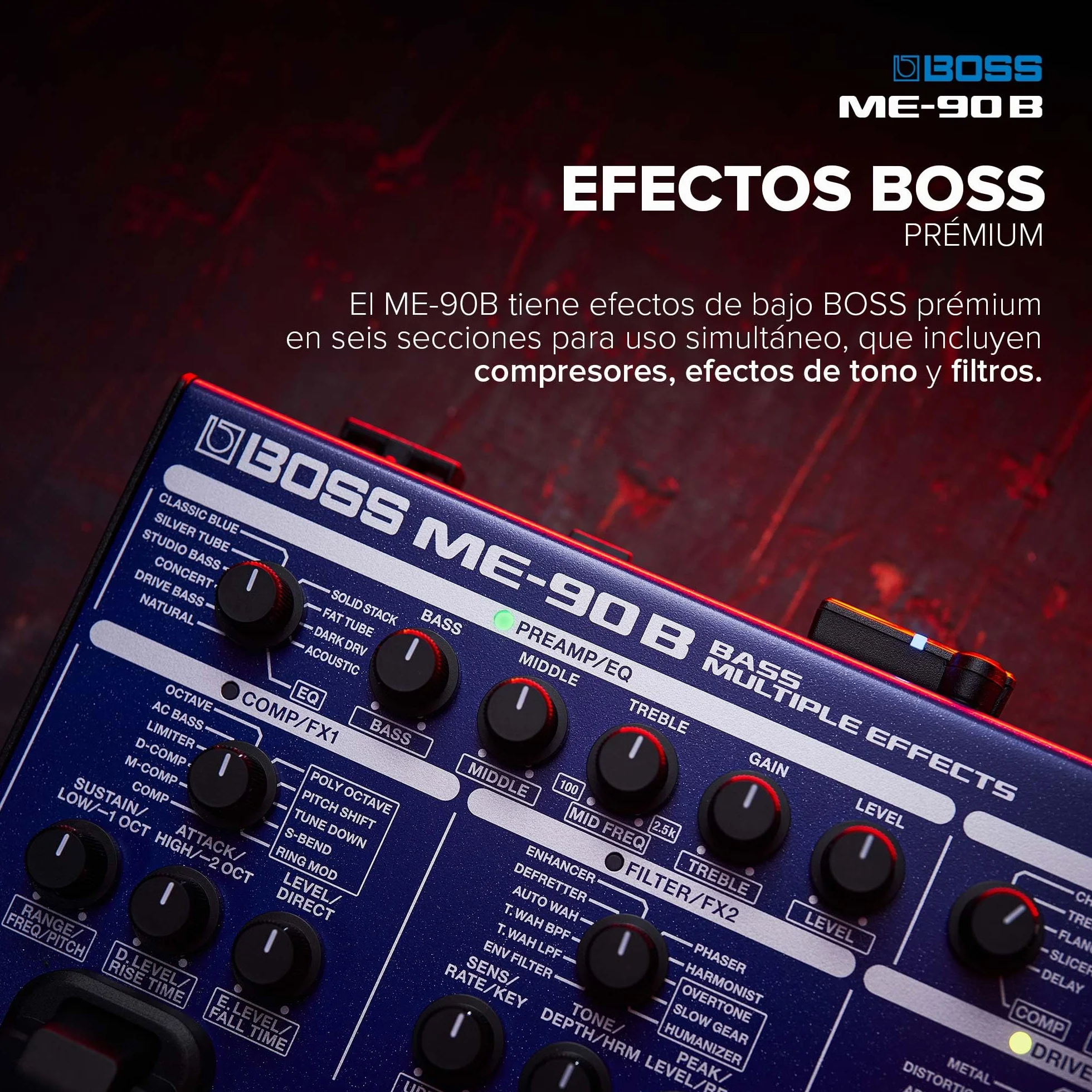 Multiefectos de bajo BOSS ME-90B | Procesador de bajo todo en uno | 10 modelos de ampli AIRD integrados | 61 efectos procedentes de la biblioteca de efectos de bajo de BOSS