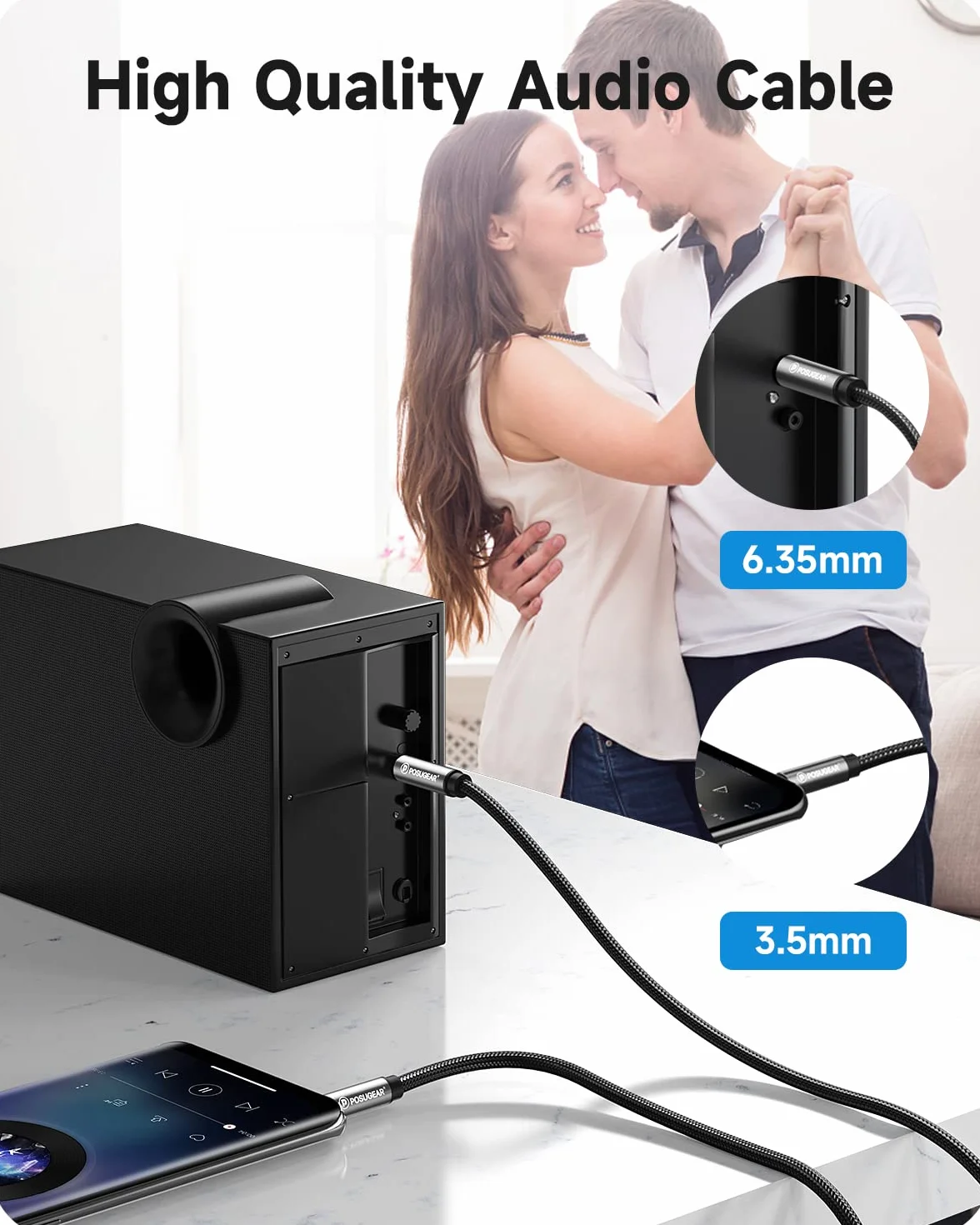 POSUGEAR Cable de 6.35mm a 3.5mm - 2M, Nylon Trenzado 3.5mm a 6.3mm Cable Audio Estéreo HiFi Macho a Macho para Reproductores de MP3, PCs, Amplificadores, Mesas de Mezclas, Ordenadores- 2M