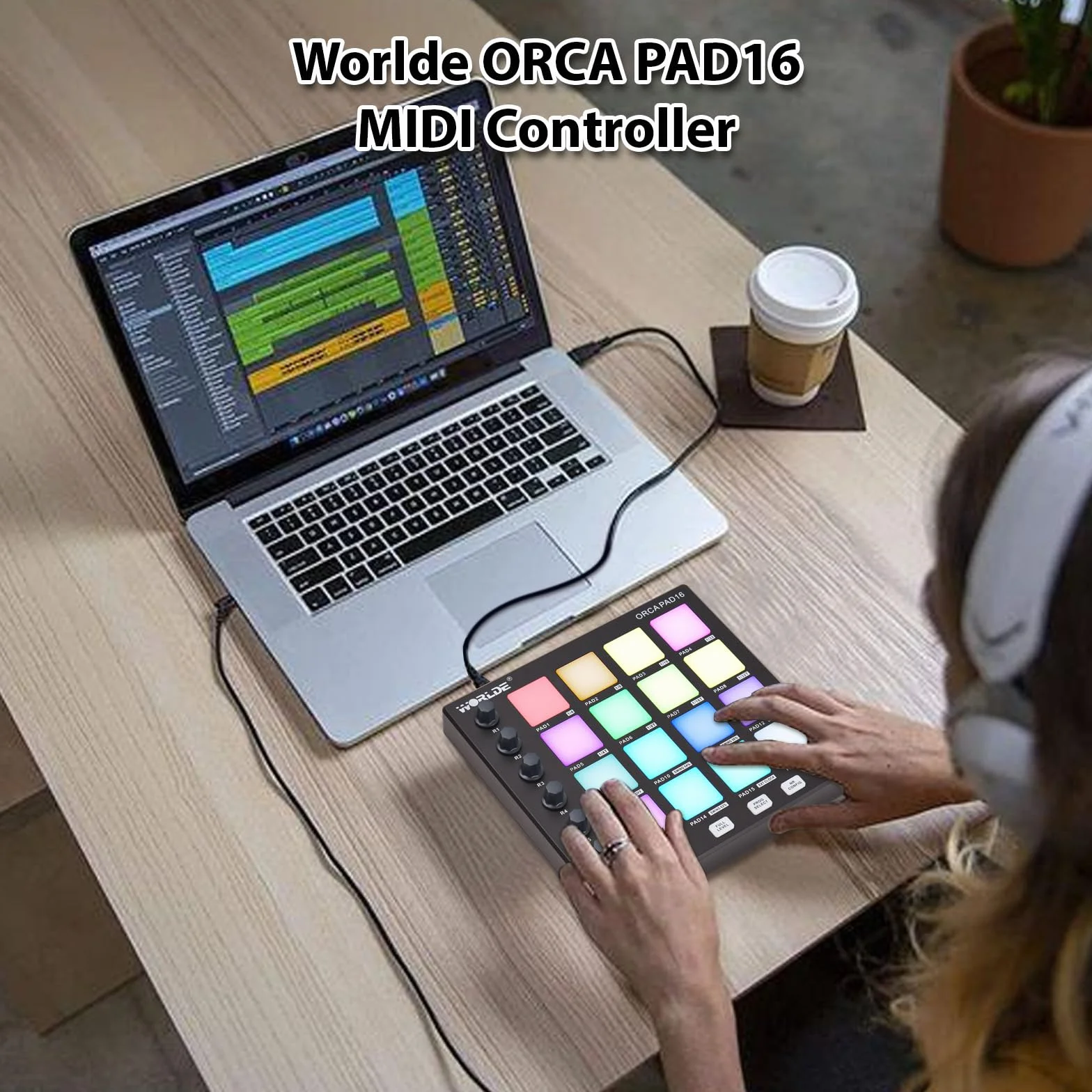 Controlador MIDI, controlador MIDI HUIOP Máquina de Beat Maker 6 perillas asignables, botones de repetición de notas de nivel completo y software de producción, mini controlador MIDI portátil,