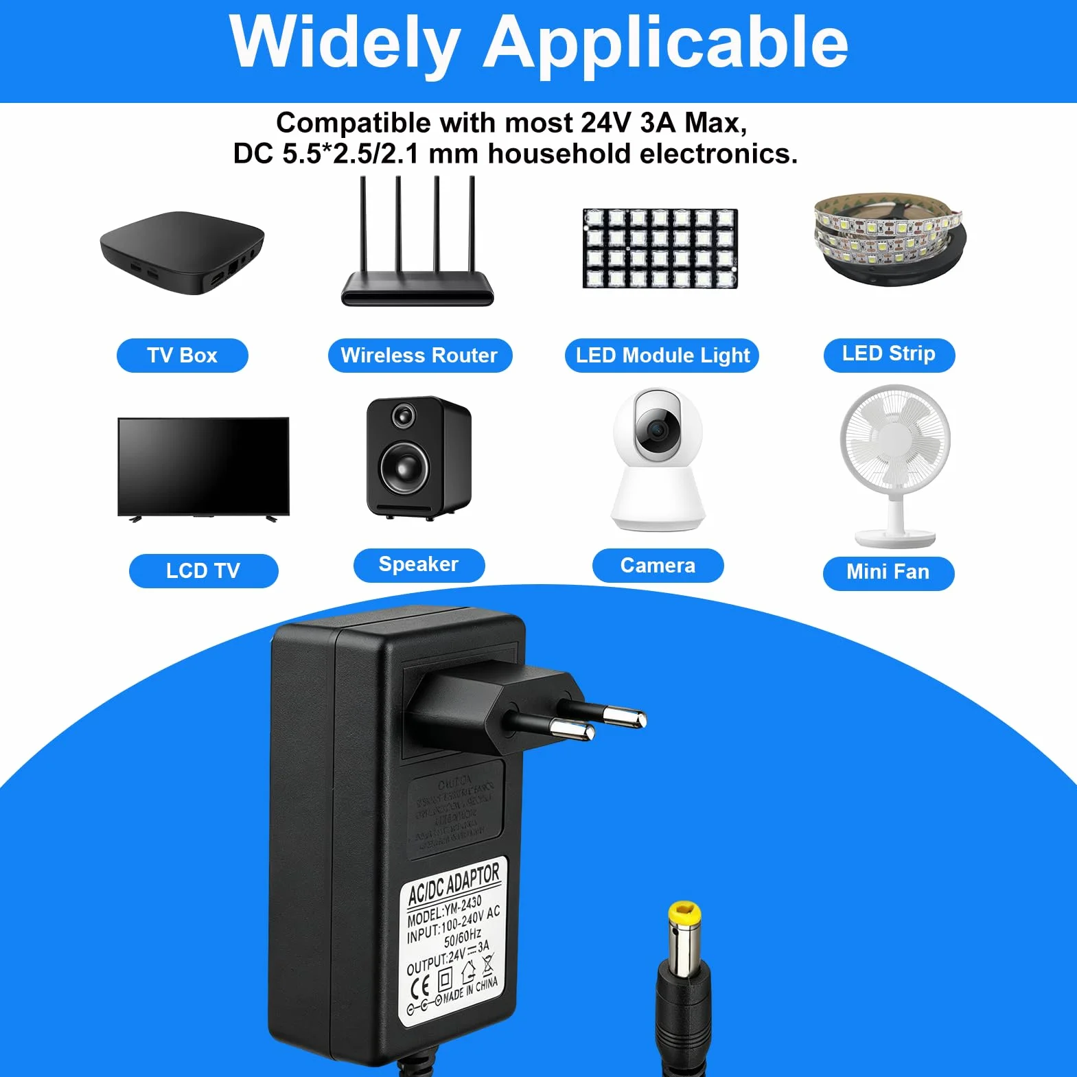 24V 3A Adaptador Fuente de Alimentación 72W, Transformador AC100-240V con Enchufe EU y DC Conector 5.5x2.5mm, Cargador para Tiras LED, Cámara CCTV, Router, Monitor, TV Box, 1.5M Negro