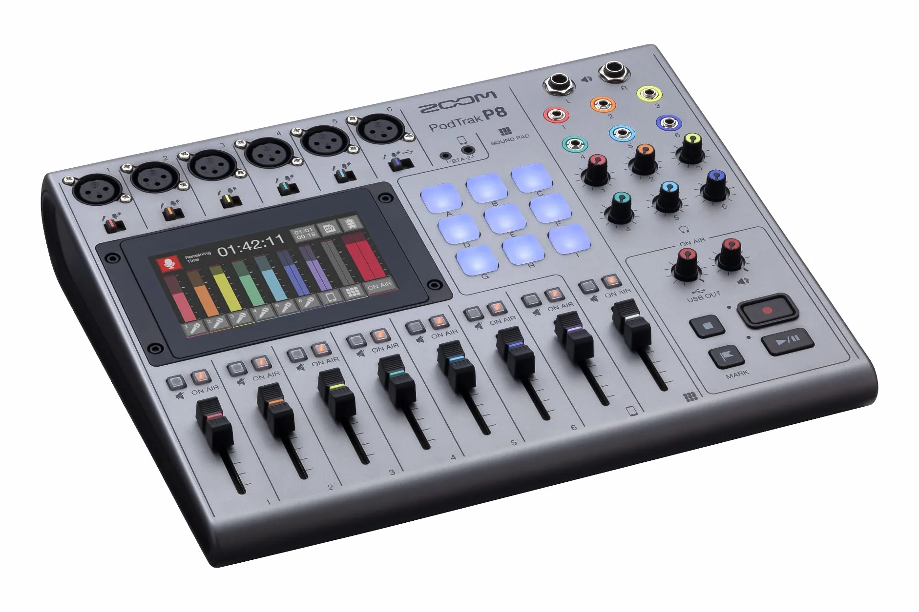 Zoom PodTrak P8 Grabador para Podcast, 6 entradas de micro, 6 salidas de auriculares, entrada Phone, Sound Pads, edición integrada, grabación en SD, interface de audio USB, alimentado por pilas
