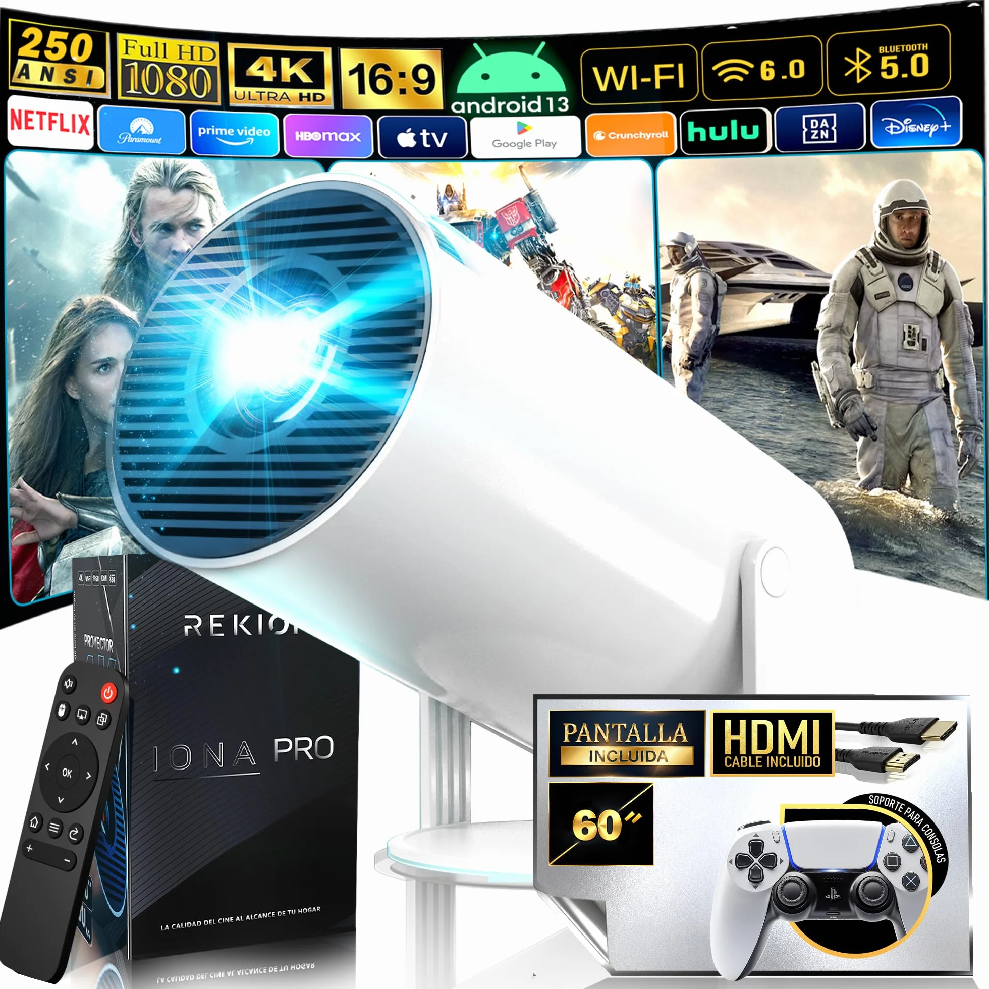 REKION® [Apps INTEGRADAS] Super Pack Mundial Proyector Portatil HY.300 4K + Pantalla 60 Pulgadas | HDMI Incluido + 1080P Full HD 250 ANSI 9000 Lúmenes | WiFi 6 Bluetooth 5.0 | Android 13 | 180°