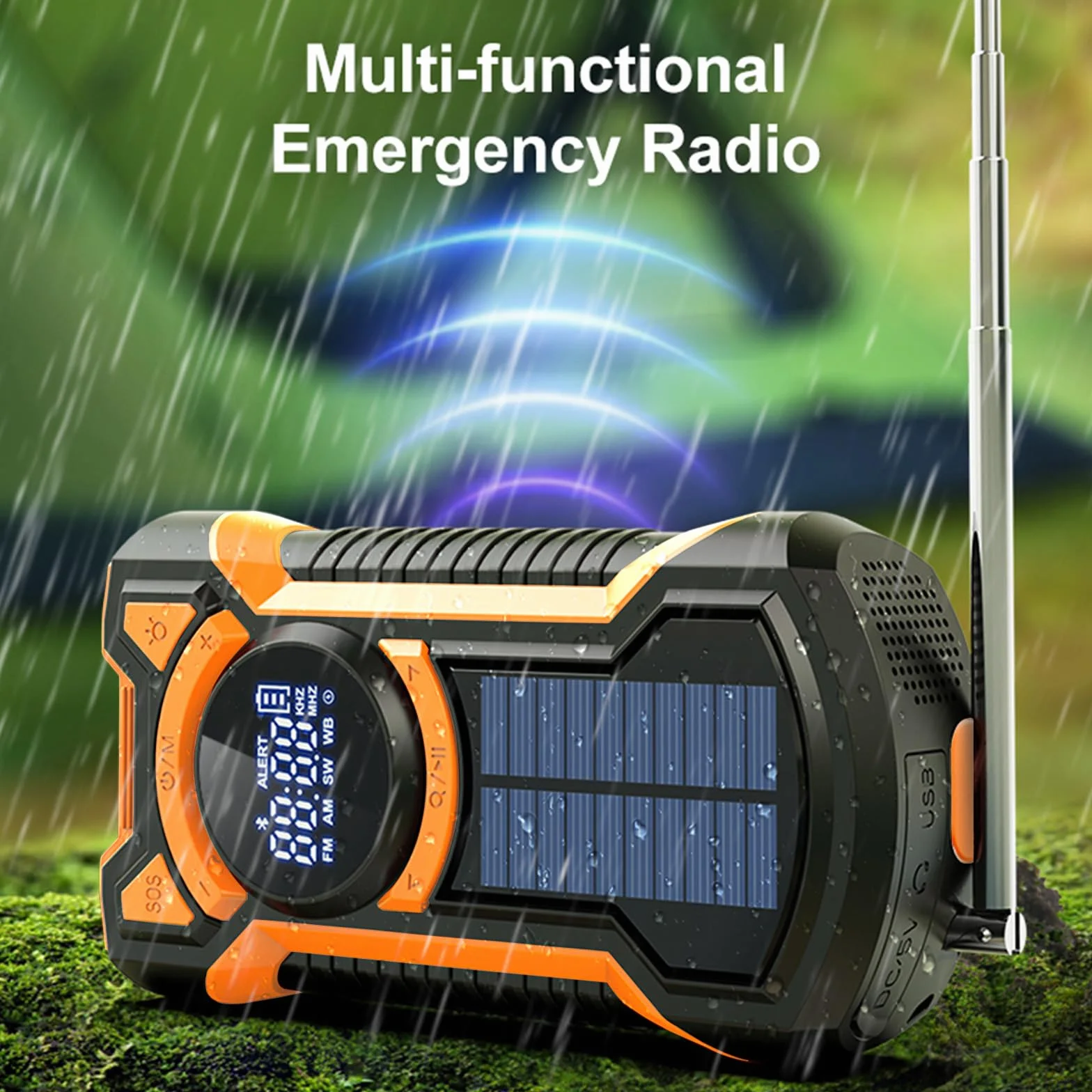 Cargador Solar para Movil, FM/Am Radio Portátil de Emergencia con Manivela y 5000mAh Powerbank y Altavoz Bluetooth Linterna LED y SOS Alarma IPX5 Impermeable Pare Radio de Camping al Aire Libre
