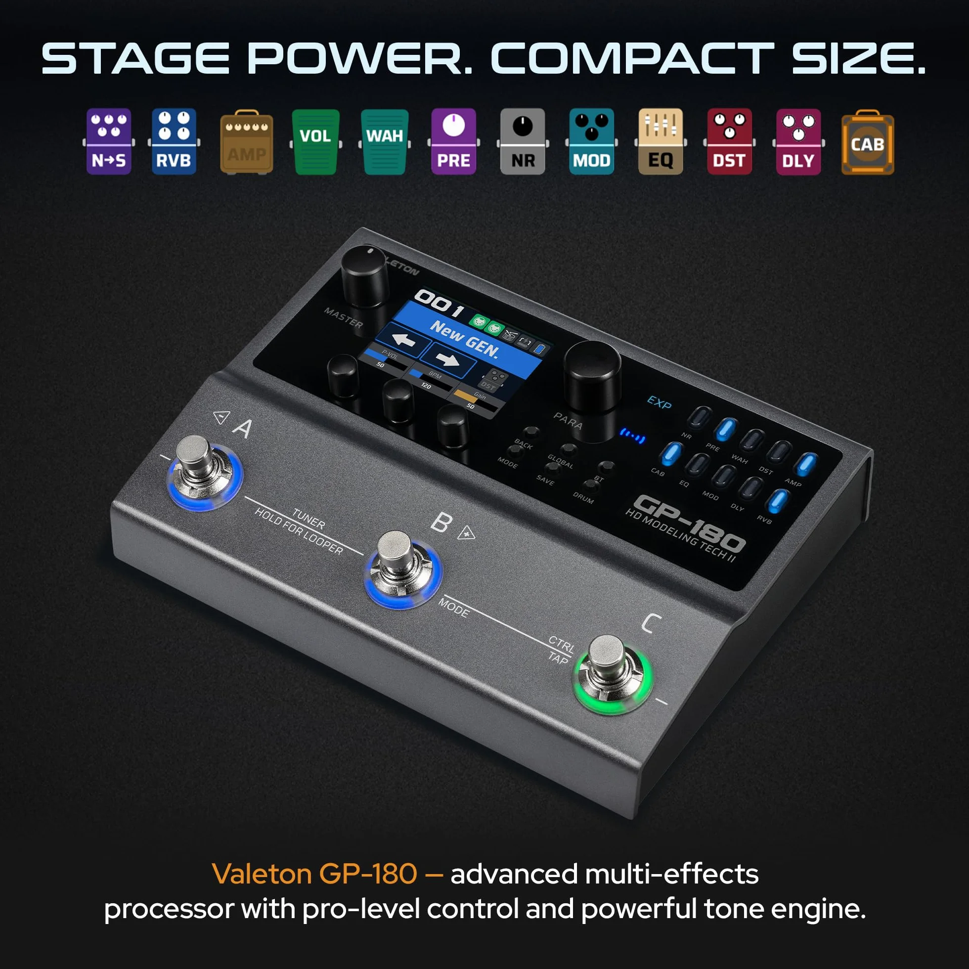 Valeton GP-180 - Procesador multiefecto para guitarra, más de 200 efectos, modelado NAM SnapTone, cargador IR, Looper, caja de ritmos, interfaz de audio USB, Bluetooth MIDI, 3 pedales con interruptor