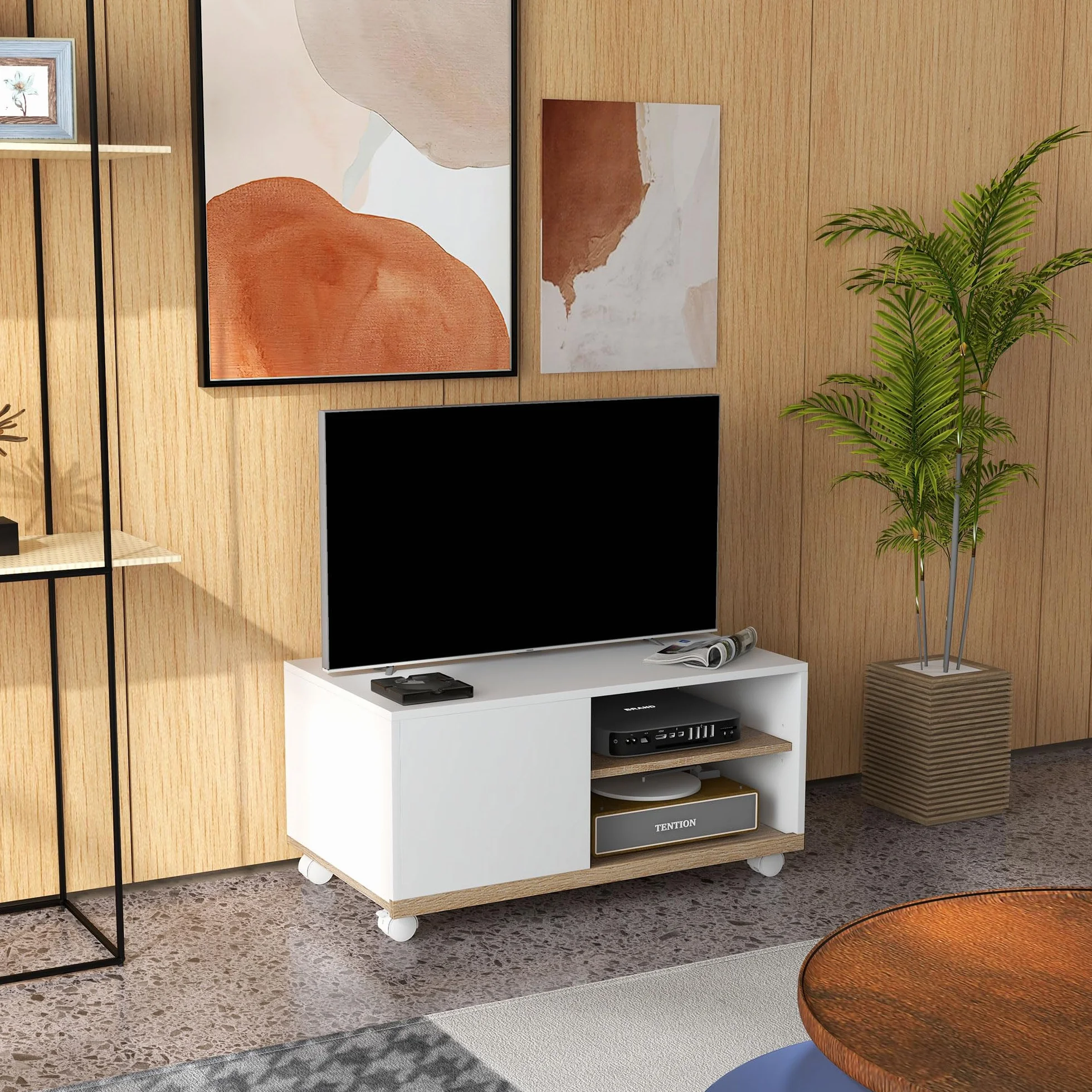 HOMCOM Mueble TV de Salón Moderno con Ruedas Mesa para Televisores de 42 Pulgadas Módulo TV con 1 Puerta y 2 Estantes de Almacenamiento 80x45x41 cm Blanco