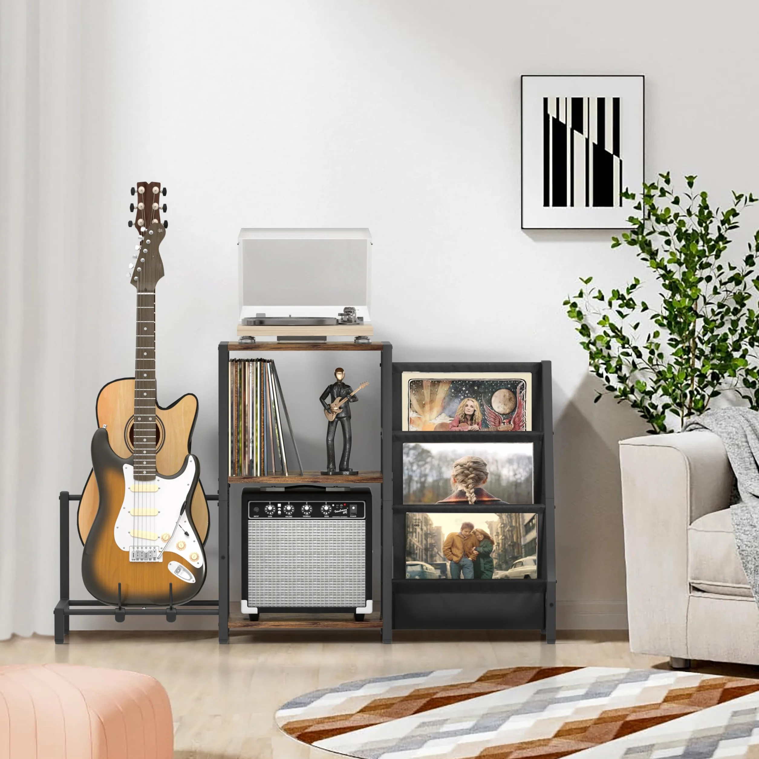 Bikoney Mueble Soporte para Tocadiscos y 200 Vinilos, Soporte de Guitarra Integrado para Eléctrica, Acústica o Bajo, Estante de 3 Niveles para Amplificador y Altavoces, Organizador de Música