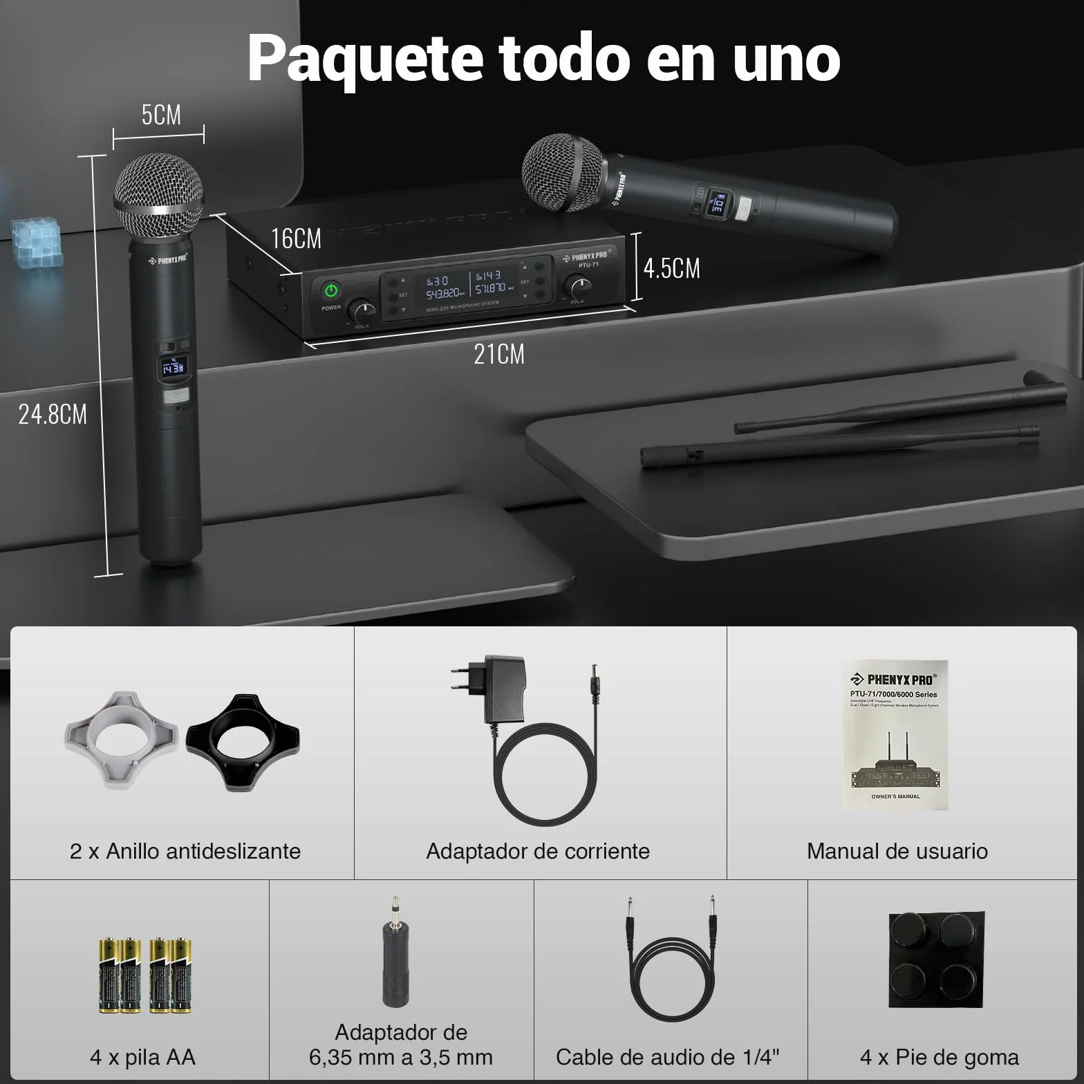 Phenyx Pro Sistema de micrófono inalámbrico profesional, w / 2 de mano, Exploración automática, 2x100 frecuencias UHF, 328 pies de alcance, micrófono dinámico para cantar, karaoke, Iglesia (PTU-71-2H)