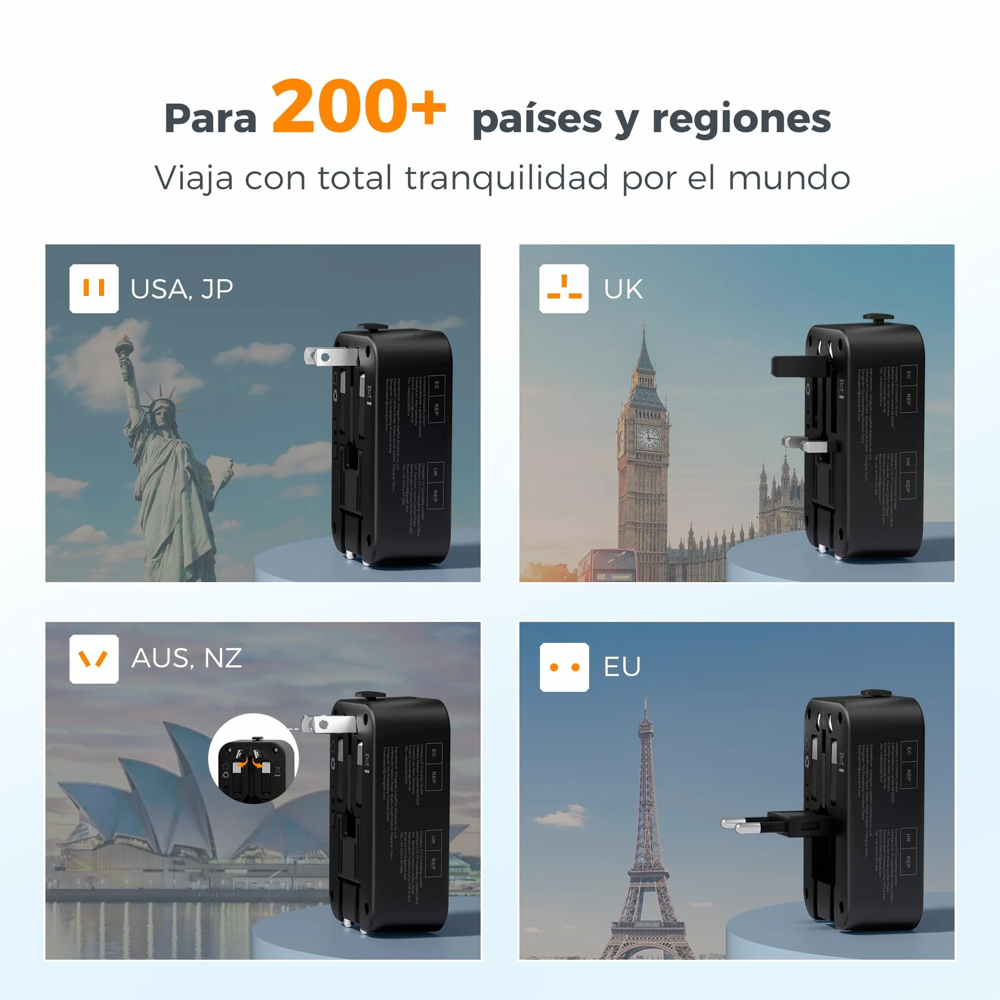 TESSAN Adaptador Enchufe Universal, Enchufe Universal Viaje Plano con 1 USB y 2 USB C, Adaptador de Viaje para USA, UK, Austuralia