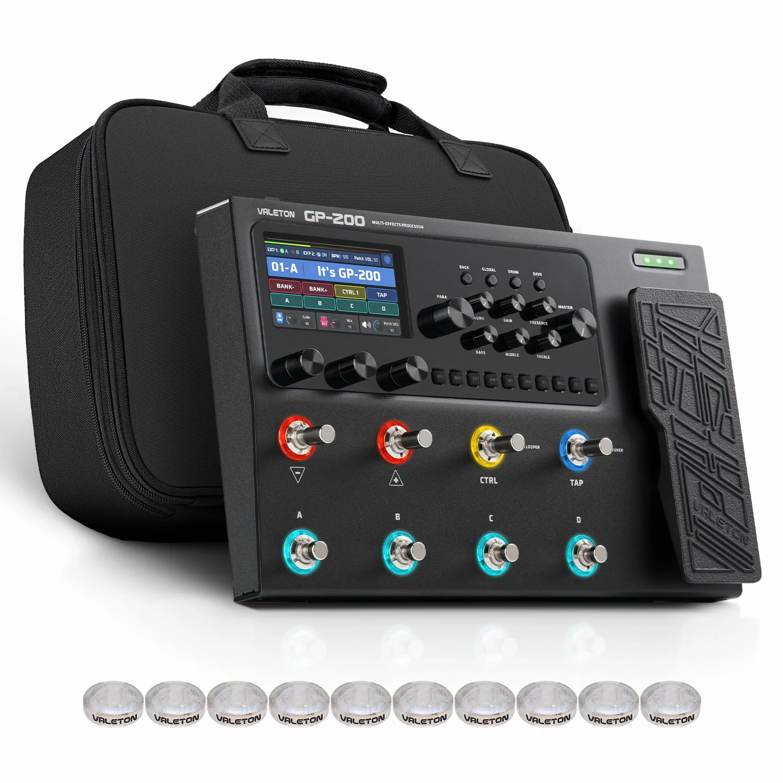 VALETON Procesador de Múltiples Efectos para Guitarra y Bajo con Modelado de Amplificador Gabinetes IR 240+ Efectos Looper Interfaz de Audio USB MIDI I/O Pedal de Expresión GP-200 + Bolsa