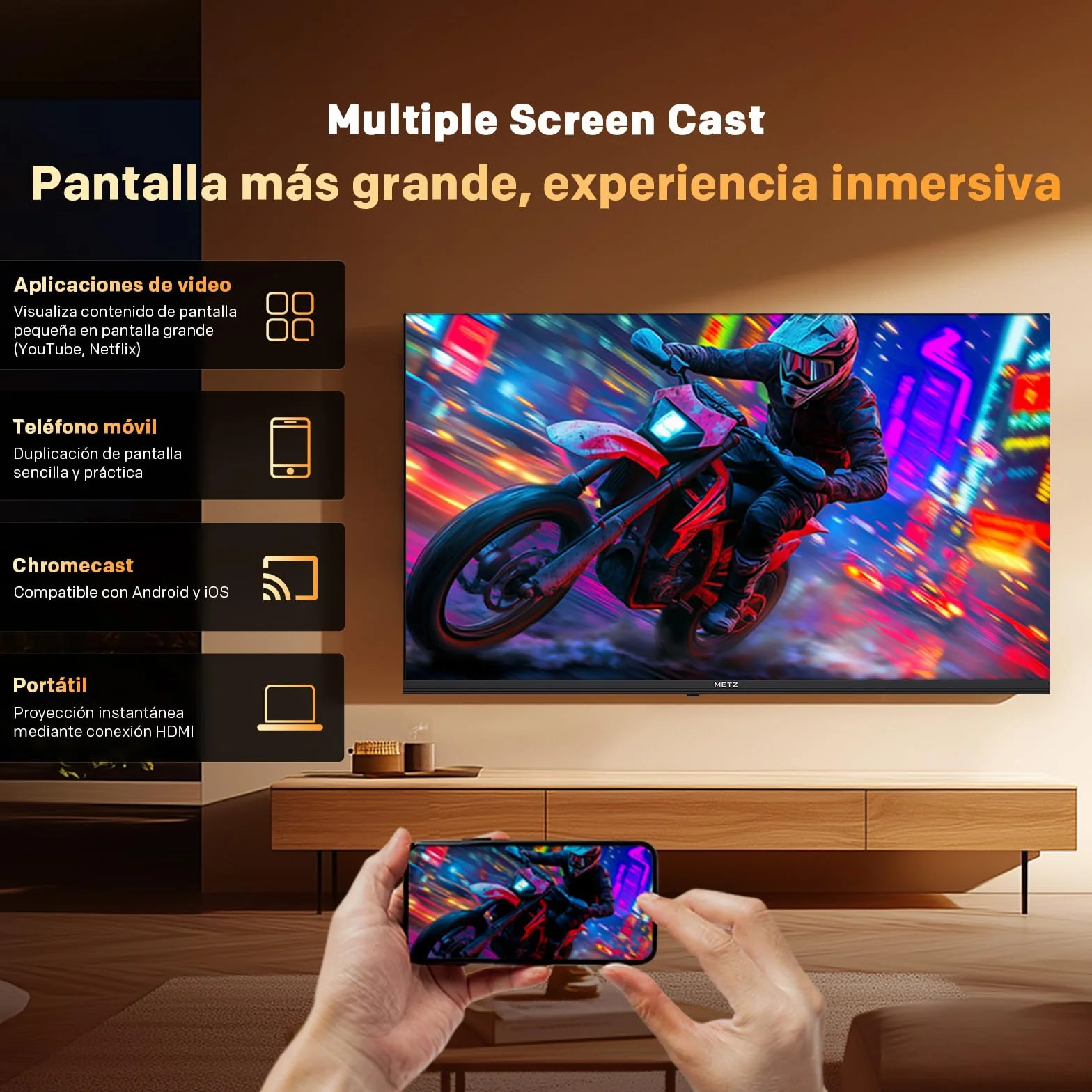 Metz TV 32 Pulgadas Smart TV, Televisor 32” QLED, HDR10, Dolby Audio, Chromecast Integrado, WiFi, Bluetooth 5.1, HDMI 2.1, DVB-T2/S2/C, Ci+, 32MQH7000Z (Modelo 2026)
