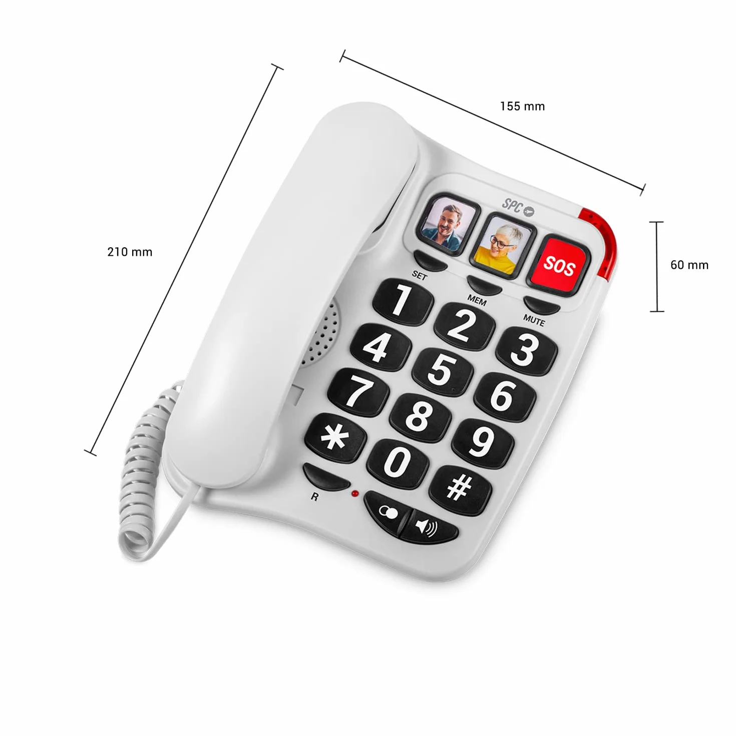 SPC Comfort Numbers 2 Teléfono Fijo Mayores Teclas Grandes 3 Memorias Foto Volumen Alto Audífonos Señal Luminosa Blanco