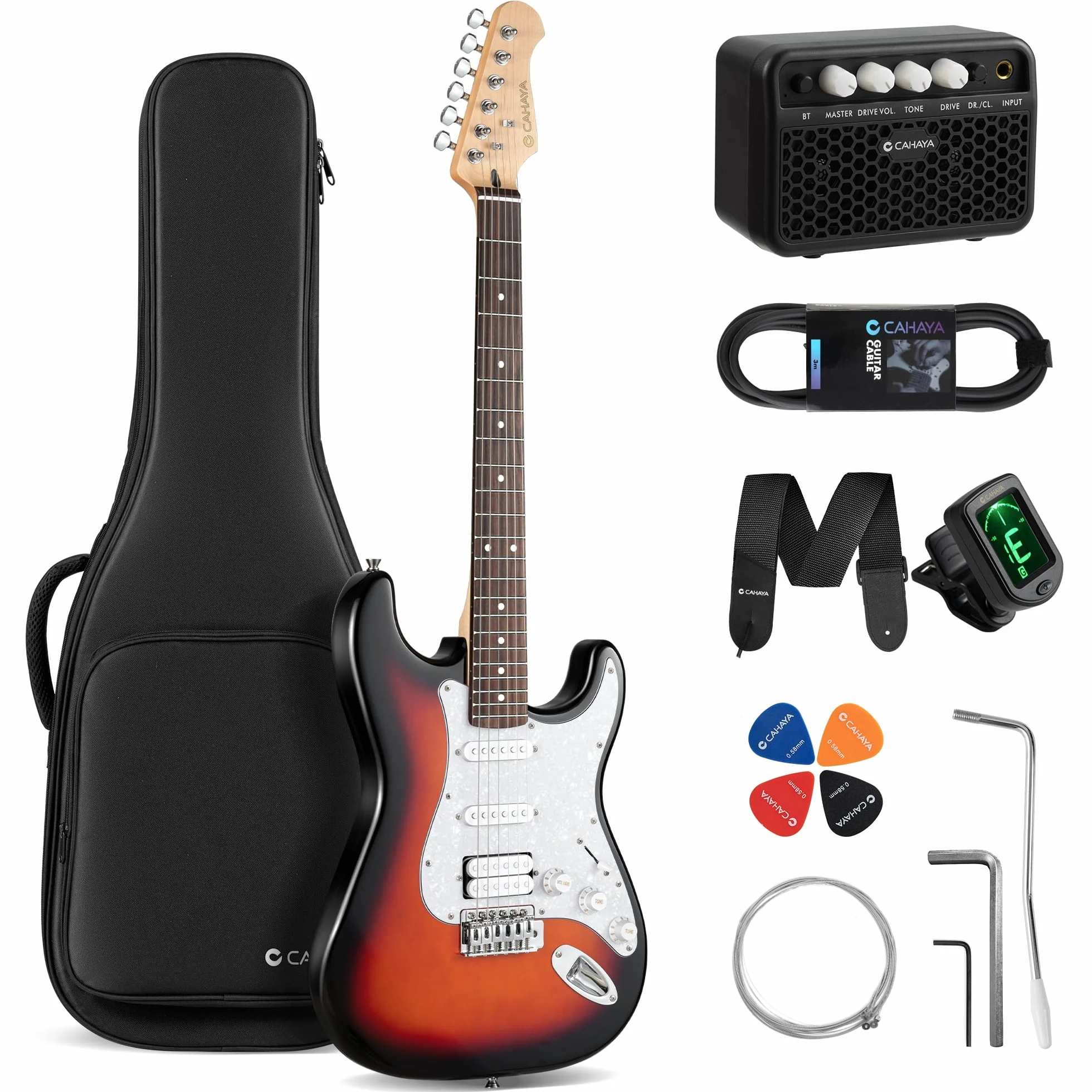 CAHAYA Kit de Guitarra Eléctrica Sunburst: CST100 con Pastillas S-S-H, Mástil de Arce, Cuerpo de Álamo, Diapasón de Laurel. Incluye Amplificador de 10W y Funda de 600D