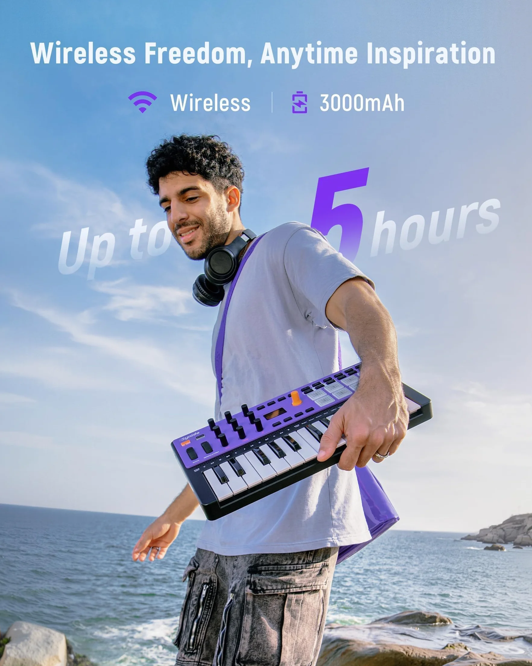 Synido TempoKEY W25 - Teclado controlador USB C MIDI de 25 teclas, conexión inalámbrica recargable con 8 almohadillas RGB de velocidad, pantalla OLED, entrada/salida/pasante, teclado MIDI profesional