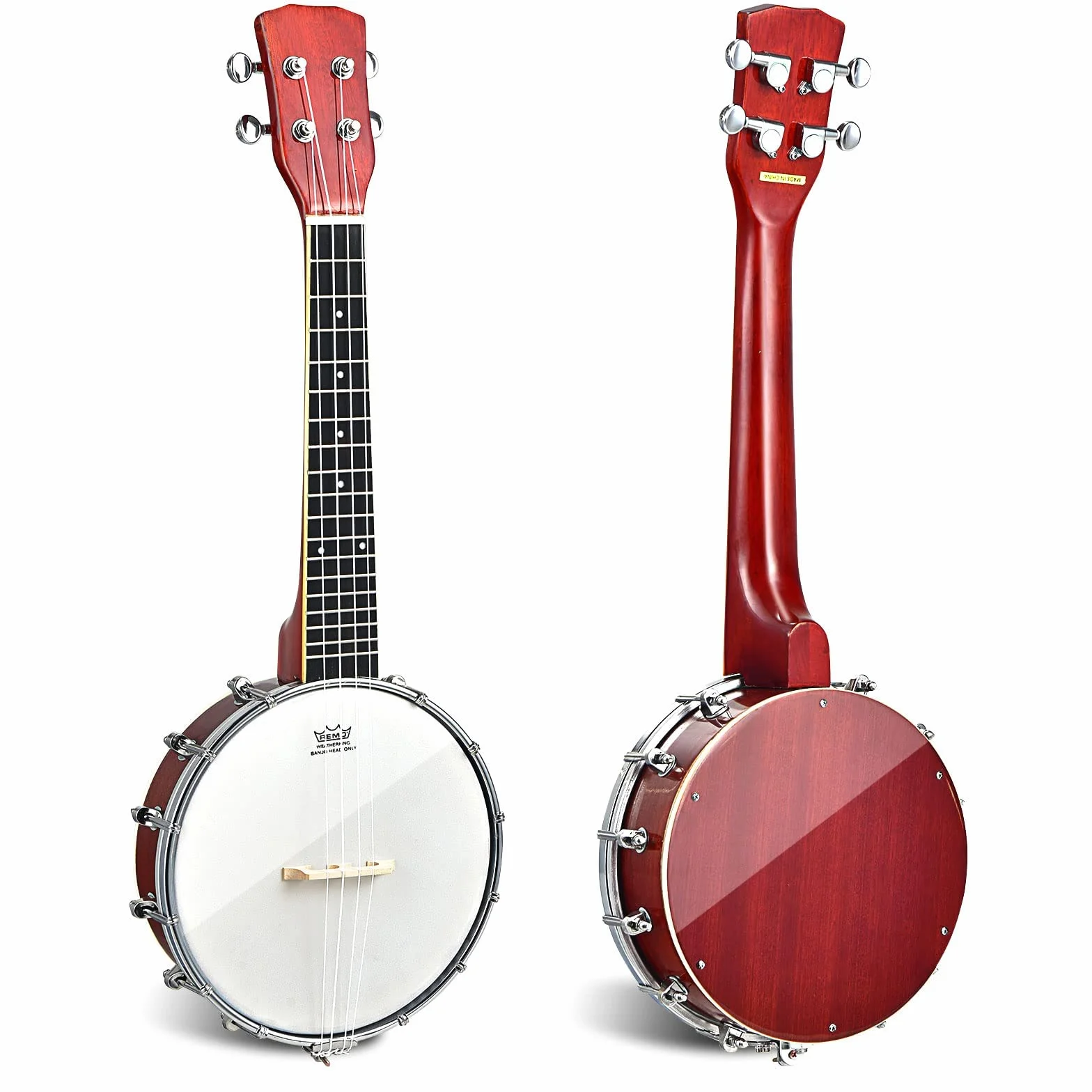 RELAX4LIFE Banjo de 4 cuerdas y 12 soportes portátil con bolsa, parte trasera sólida y cerrada y remo tambor, kit pequeño ukelele banjo de 62,5 cm, para niños, adultos, principiantes
