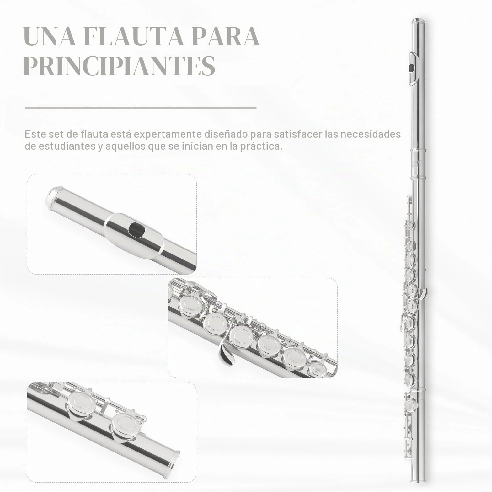 SONICAKE Flauta C de agujeros cerrados 16 llaves para principiantes y estudiantes plateado con estuche rígido, guantes, varilla de afinación QFL-11