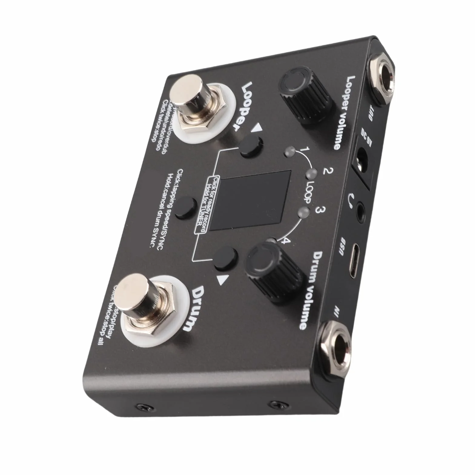 Drum Looper Pedal Professional Metal 4 Ubicaciones de Almacenamiento 11 Minutos Tiempo de Grabación con Sintonizador Incorporado para Guitarristas y Músicos Negros