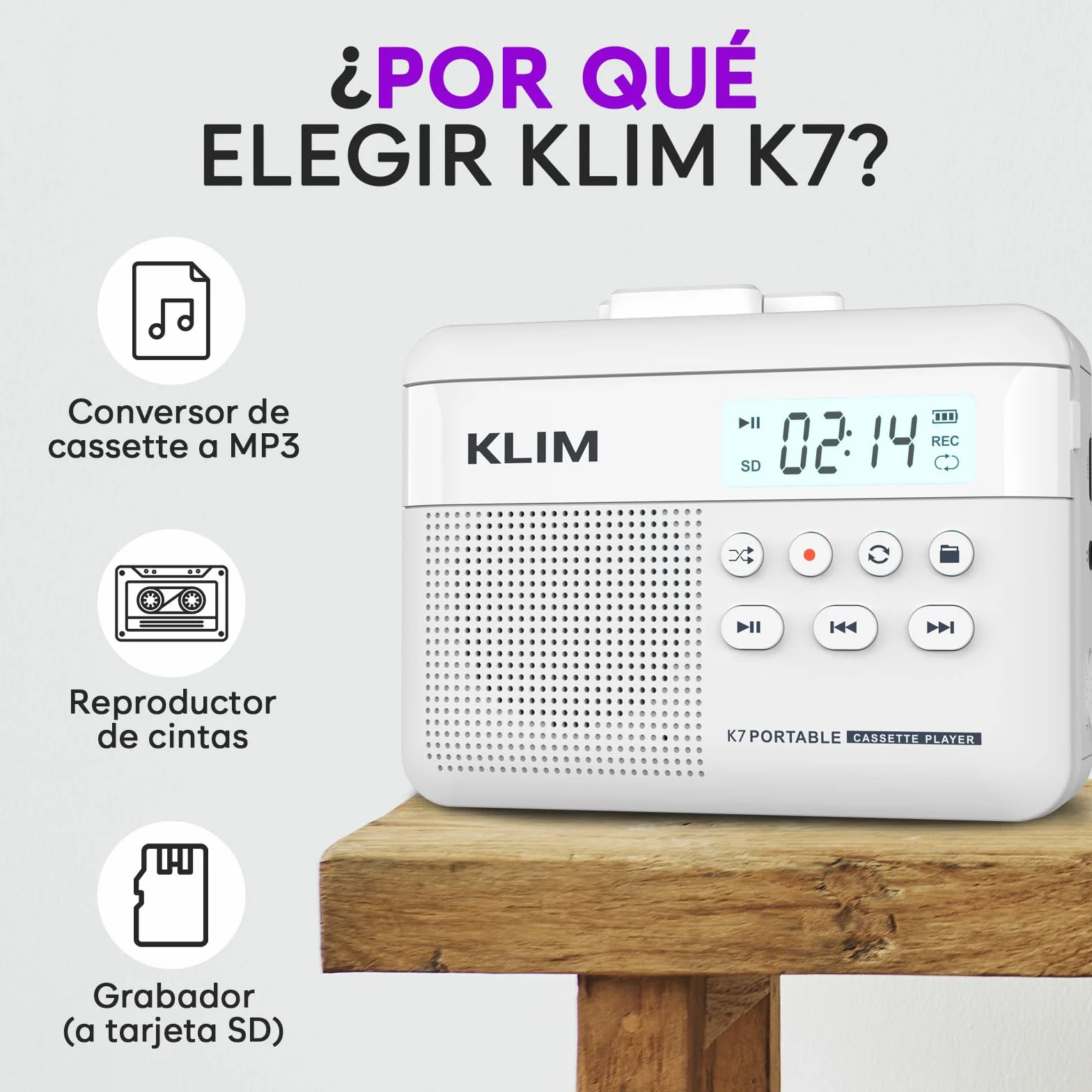 KLIM K7 Reproductor Cassette a MP3 Portátil con Micrófono y Altavoz Integrados Batería Recargable Tarjeta SD 16 GB Blanco