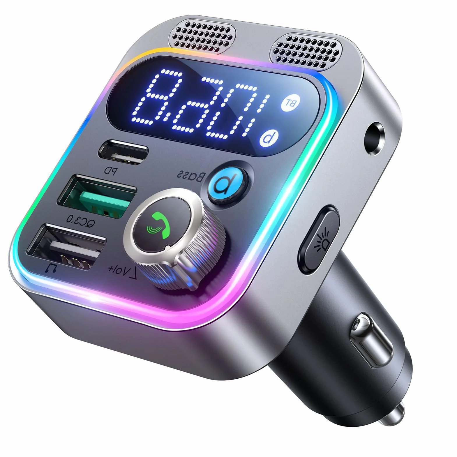 Transmisor FM Bluetooth Coche 48W con PD 30W y QC 18W, Manos Libres con Micrófonos Duales, Bluetooth 5.4, Graves Potentes Hi-Fi, Adaptador Mechero con USB y Luz LED Ambiental