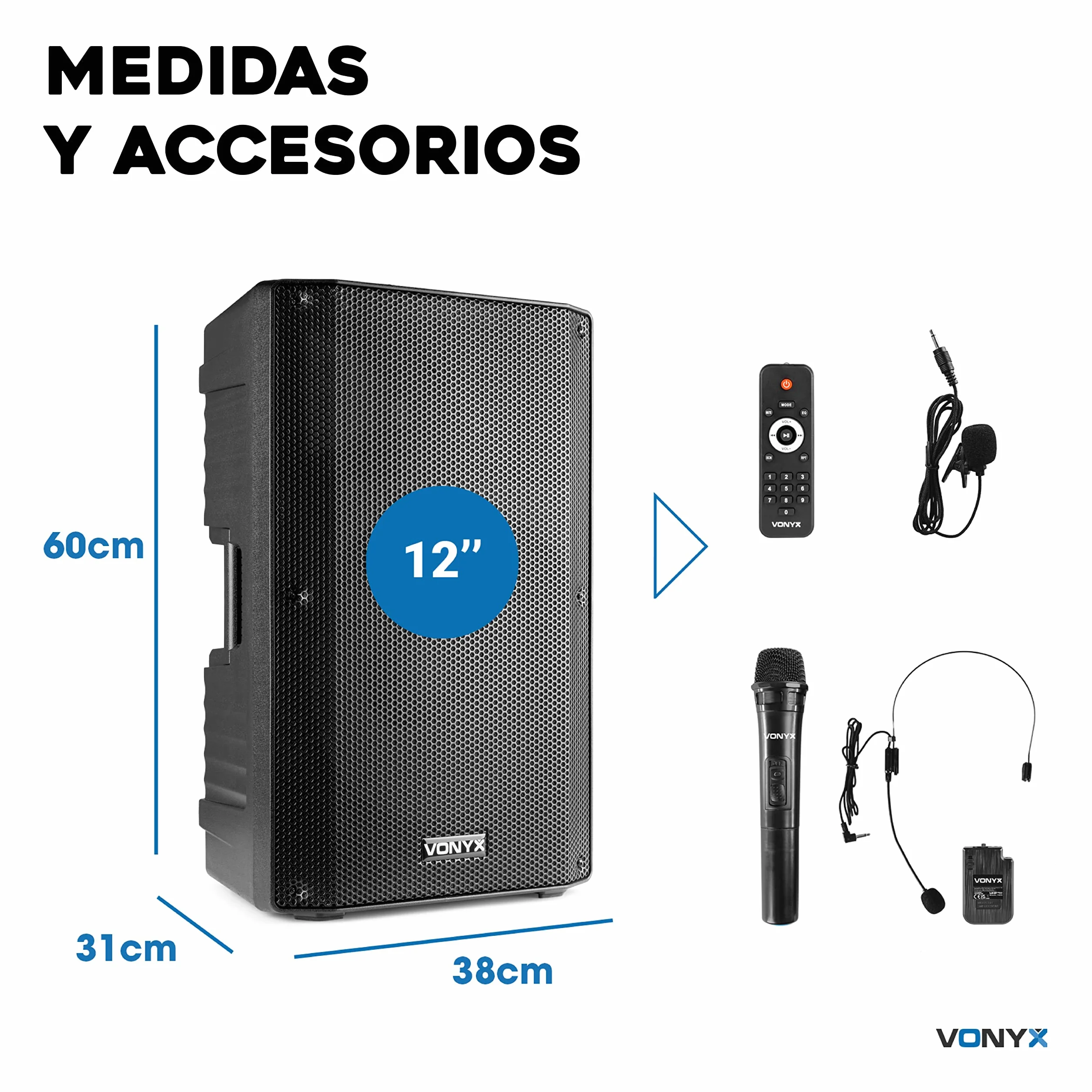 Vonyx VSA500-BP – Altavoz Bluetooth Grande Potente 12" 800W con micrófono inalámbrico de Mano y petaca UHF con micrófono de Diadema y Solapa, batería Recargable, USB, SD, Radio FM – Color Negro