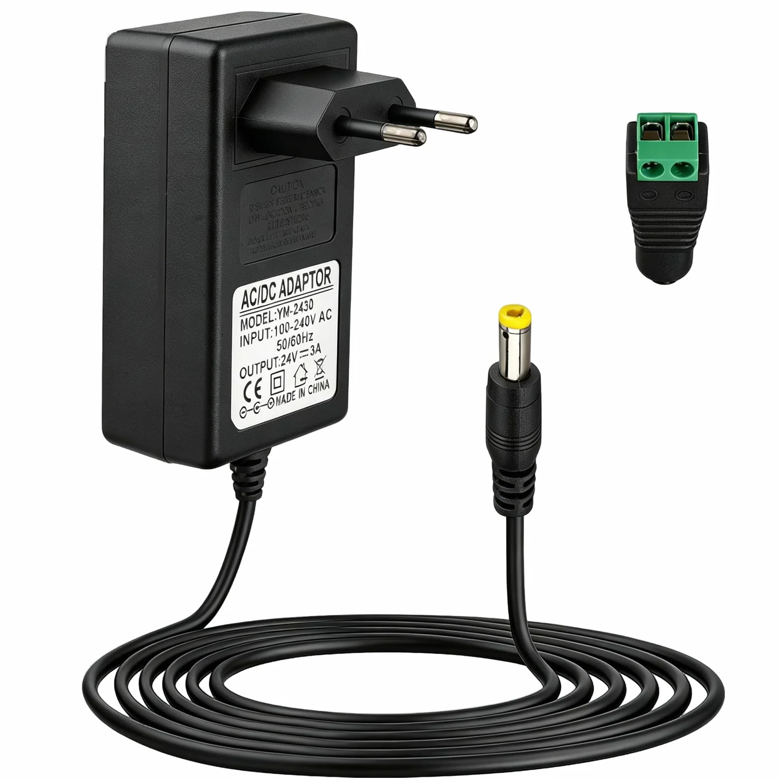 24V 3A Adaptador Fuente de Alimentación 72W, Transformador AC100-240V con Enchufe EU y DC Conector 5.5x2.5mm, Cargador para Tiras LED, Cámara CCTV, Router, Monitor, TV Box, 1.5M Negro