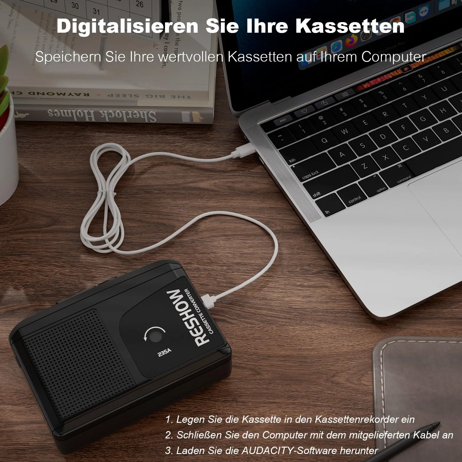 Reshow Grabadora de Casete Portátil Convertidor USB a MP3 con Micrófono y Altavoz, Auriculares Incluidos Negro