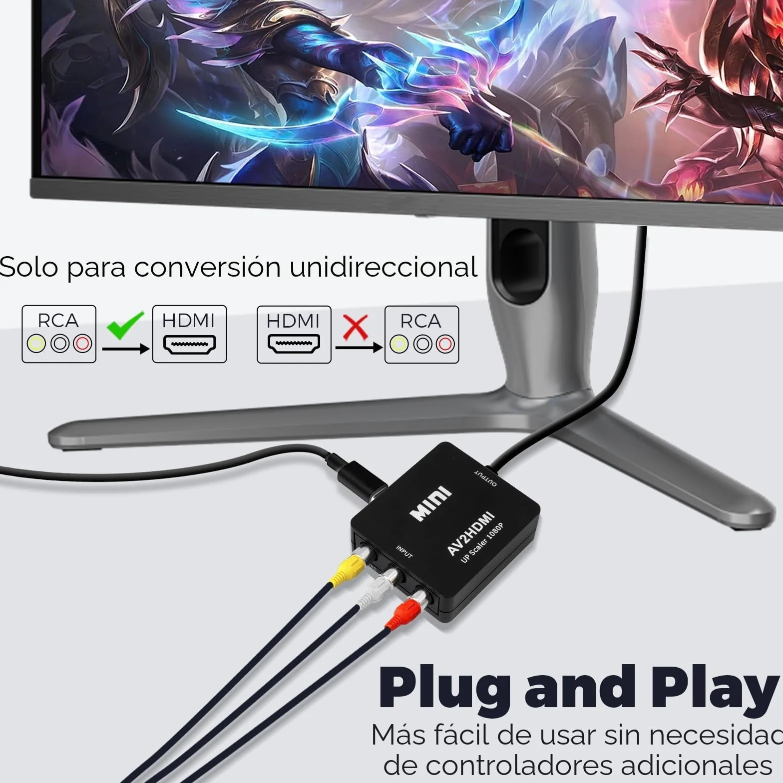 Jewan Convertidor RCA a HDMI, Adaptador AV a HDMI, 1080P RCA Compuesto CVBS Video Convertidor de Audio con Cable de Alimentación USB para PS2/SNES/VHS/Xbox/PS4/TV/VCR/DVD/Wii/Soporta PAL/NTSC