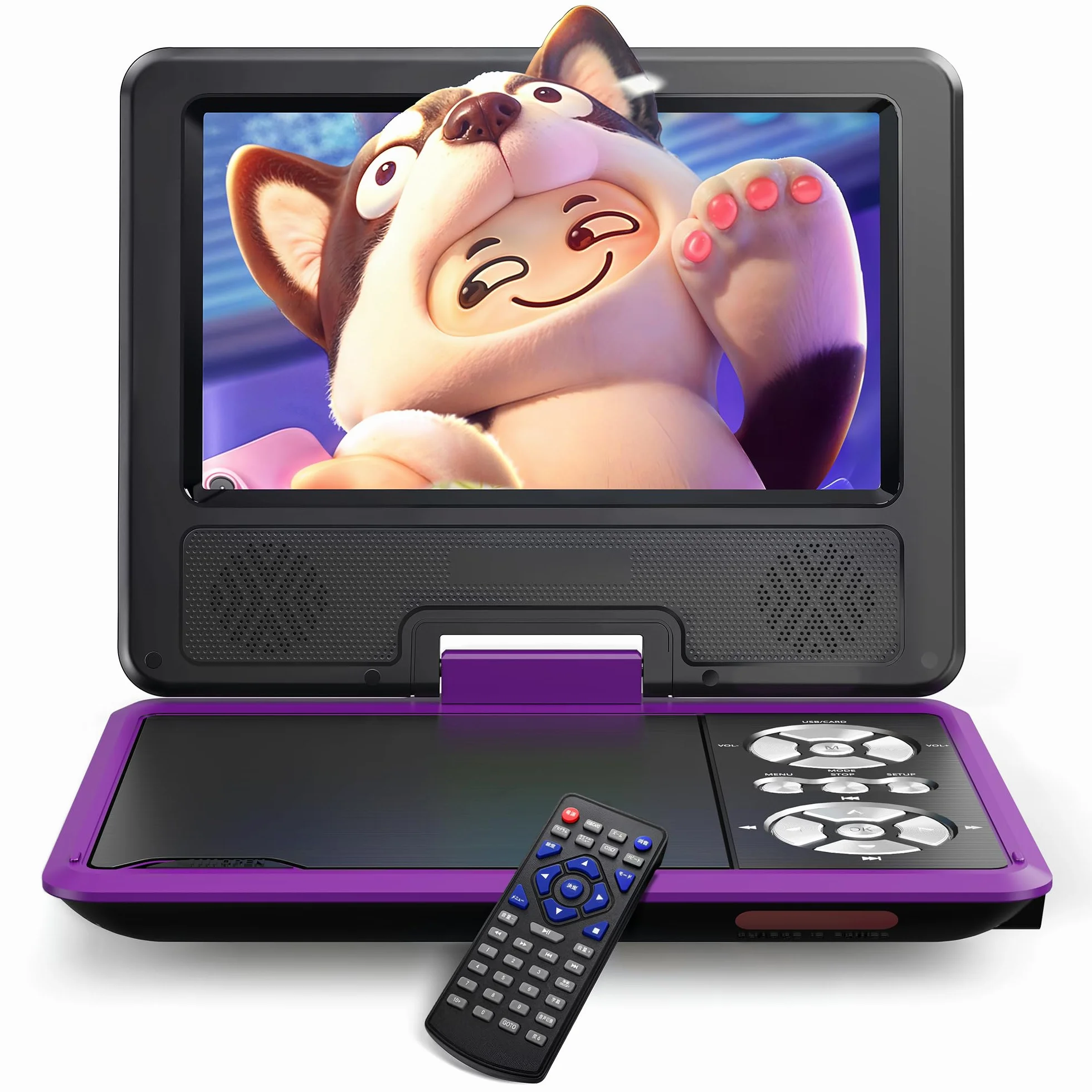 WOLFANG Reproductor DVD Portátil 9,5 Pulgadas Niños Coche Pantalla HD Giratoria 7,5 Pulgadas Altavoces Estéreo 6h Autonomía Púrpura