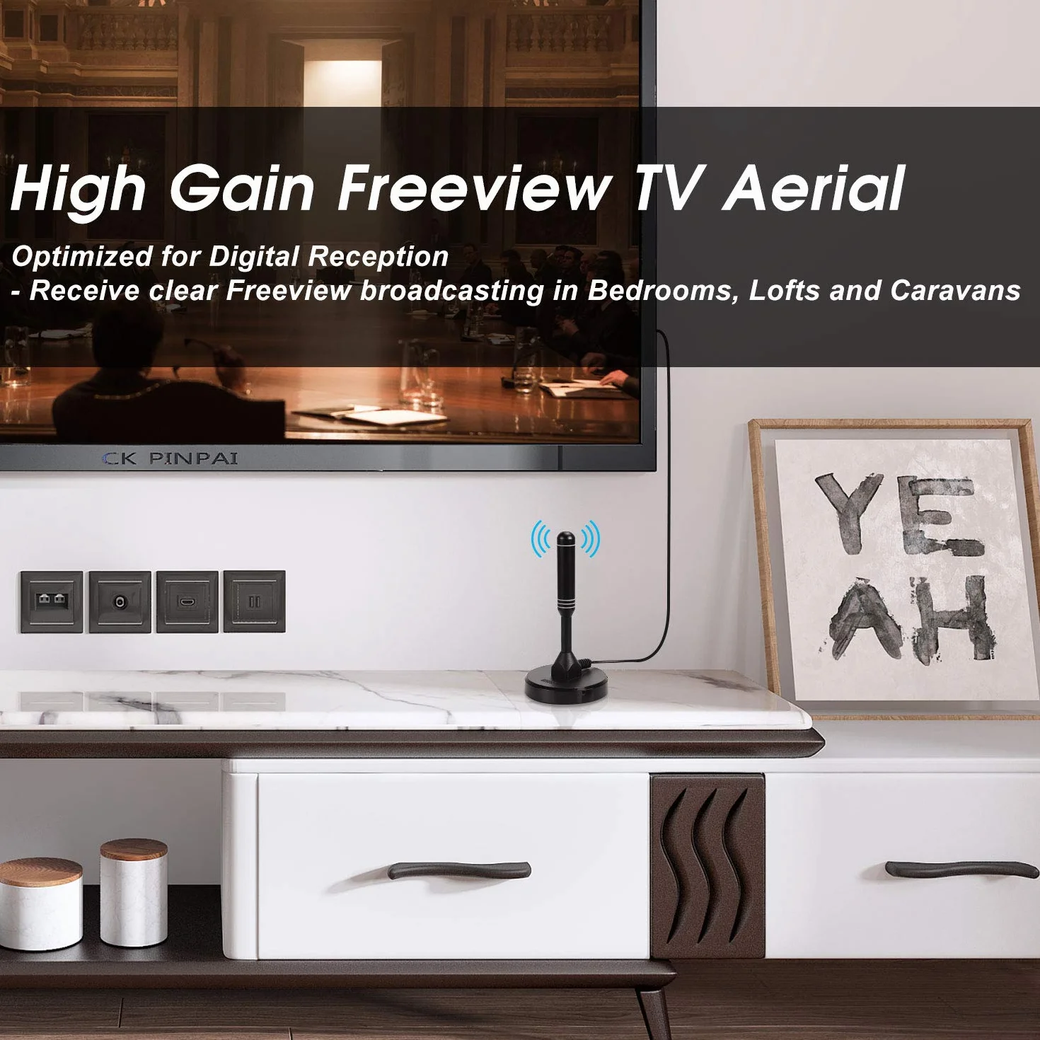 Antena TV Interior AUGUST DTA240 TDT HD España DVB-T DVB-T2 UHF VHF Alta Ganancia Magnética Portátil 2m Cable Negra
