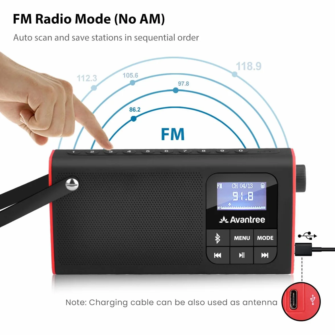 Avantree SP850-3 Radio FM Portátil Pequeña con Altavoz Bluetooth Reproductor SD MP3 Pantalla LED Recargable