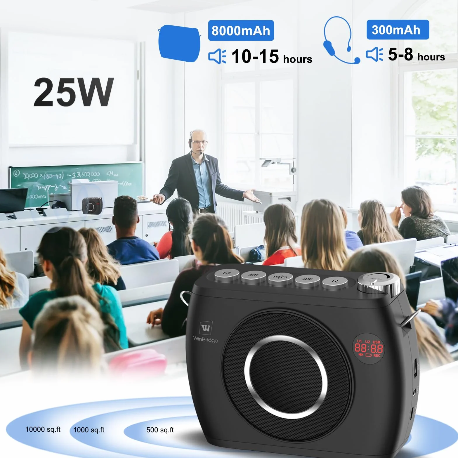 Amplificador de Voz Inalámbrico de 25W con Dos Micrófonos de Diadema Bluetooth, Alta Capacidad de 8000mAh, Sistema PA Portátil Altavoz y Micrófono Bluetooth, Megáfono con Micrófono para Profesores S96