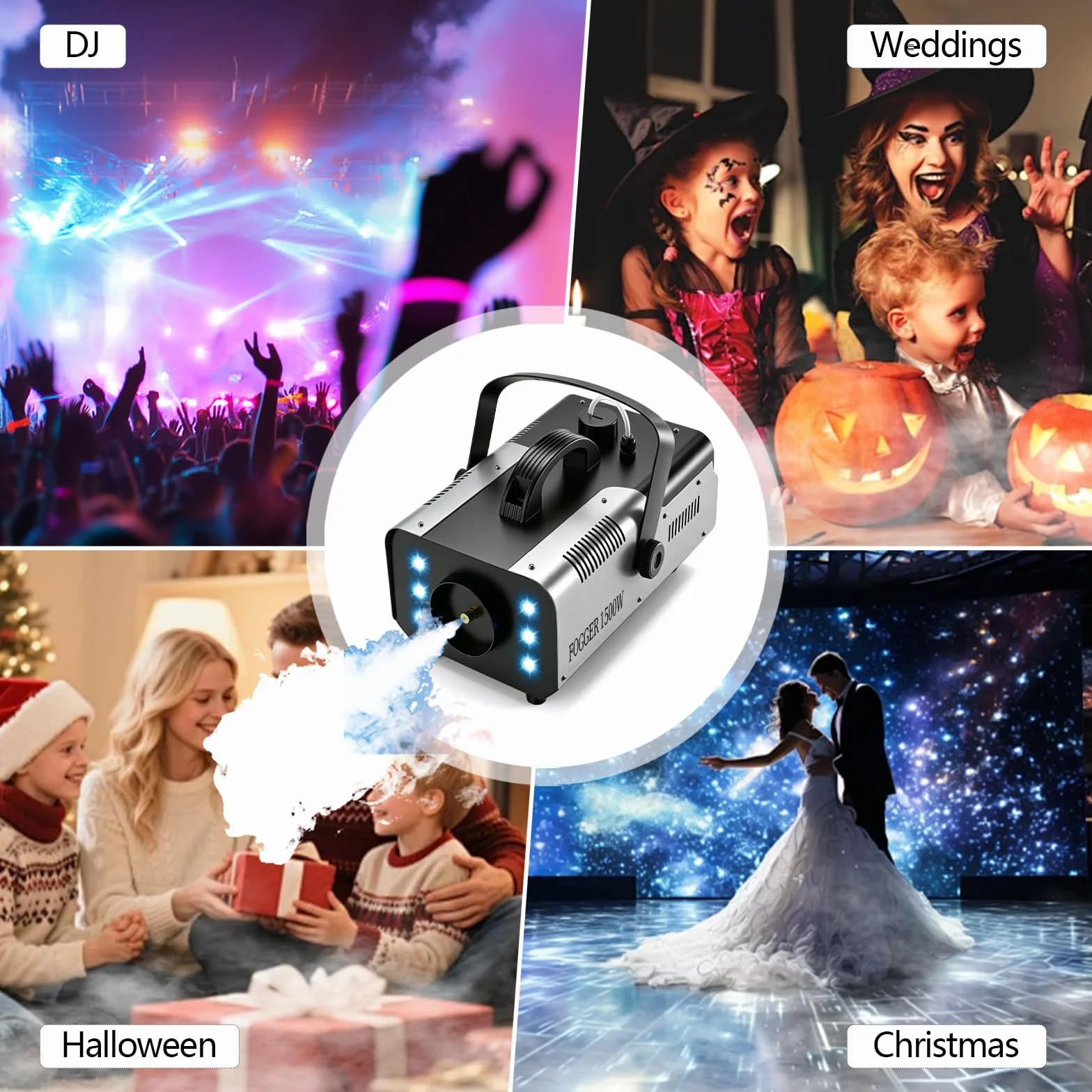Máquina de humo 1500W con 6 LEDs RGB y mando inalámbrico, máquina de niebla con efectos de luz para DJ, fiestas, Halloween, bodas, Navidad y escenario