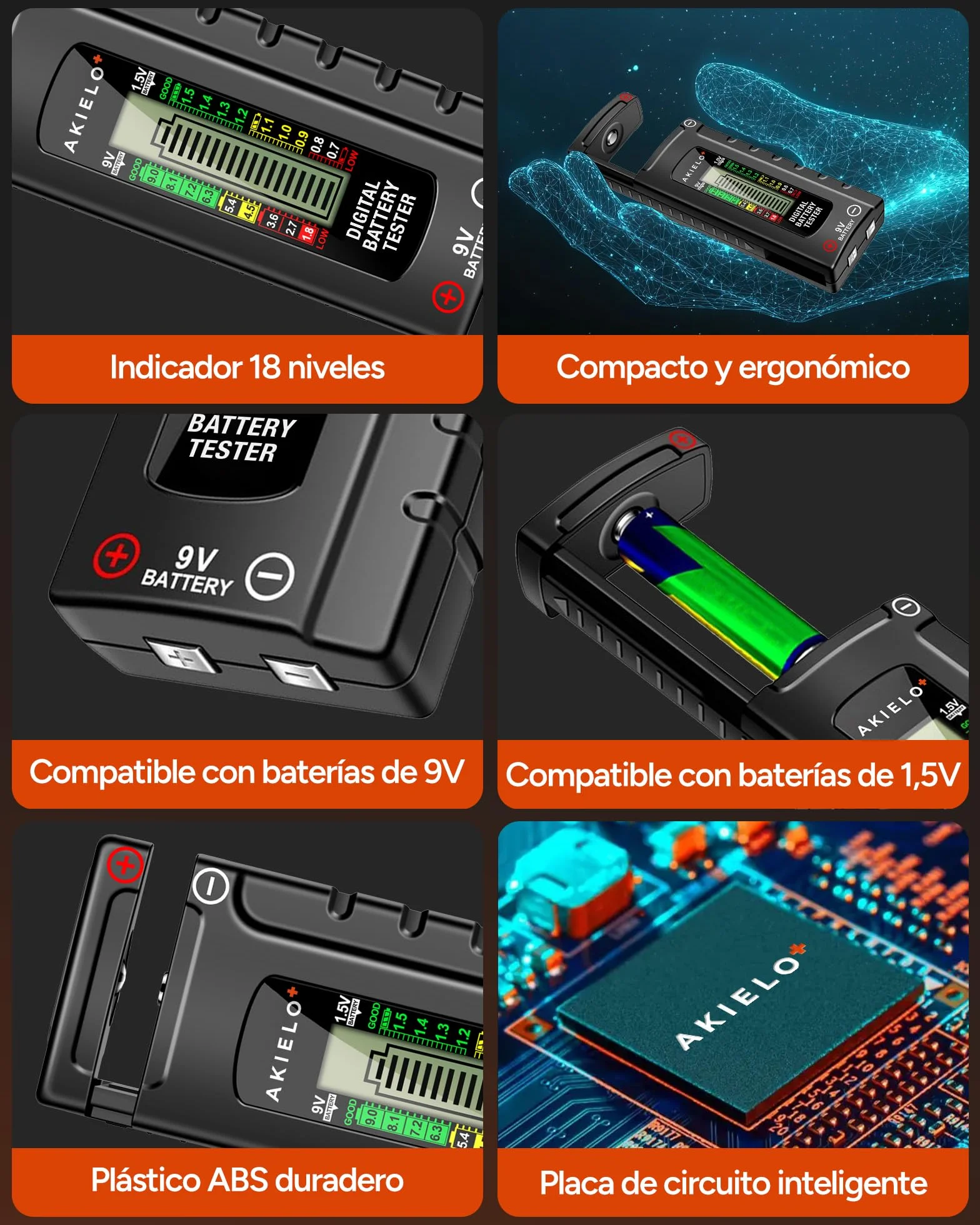 AKIELO+ Comprobador de Pilas Universal Digital – Pantalla LCD de Fácil Lectura – No Requiere Batería – Probador de Pilas Domésticas para AA AAA C D 9V y Pilas de Botón 1,5V