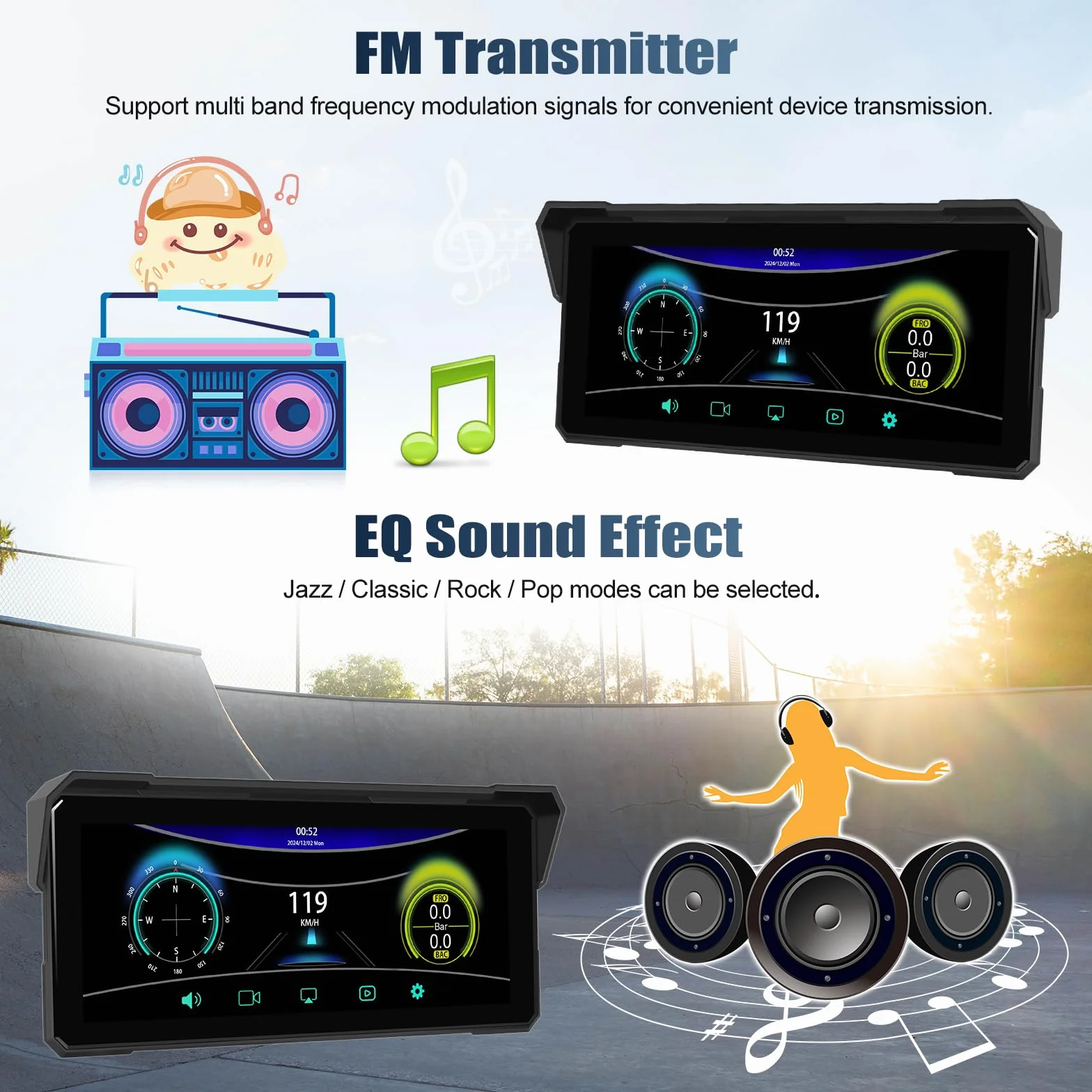 CAMECHO Motorrad CarPlay mit Dual-Kameras, 8.1 zoll HD Touchscreen für Moto mit Wireless CarPlay & Android Auto IPS 68 Bildschirm, Unterstützung Bluetooth, GPS, EQ, Helligkeitseinstellung