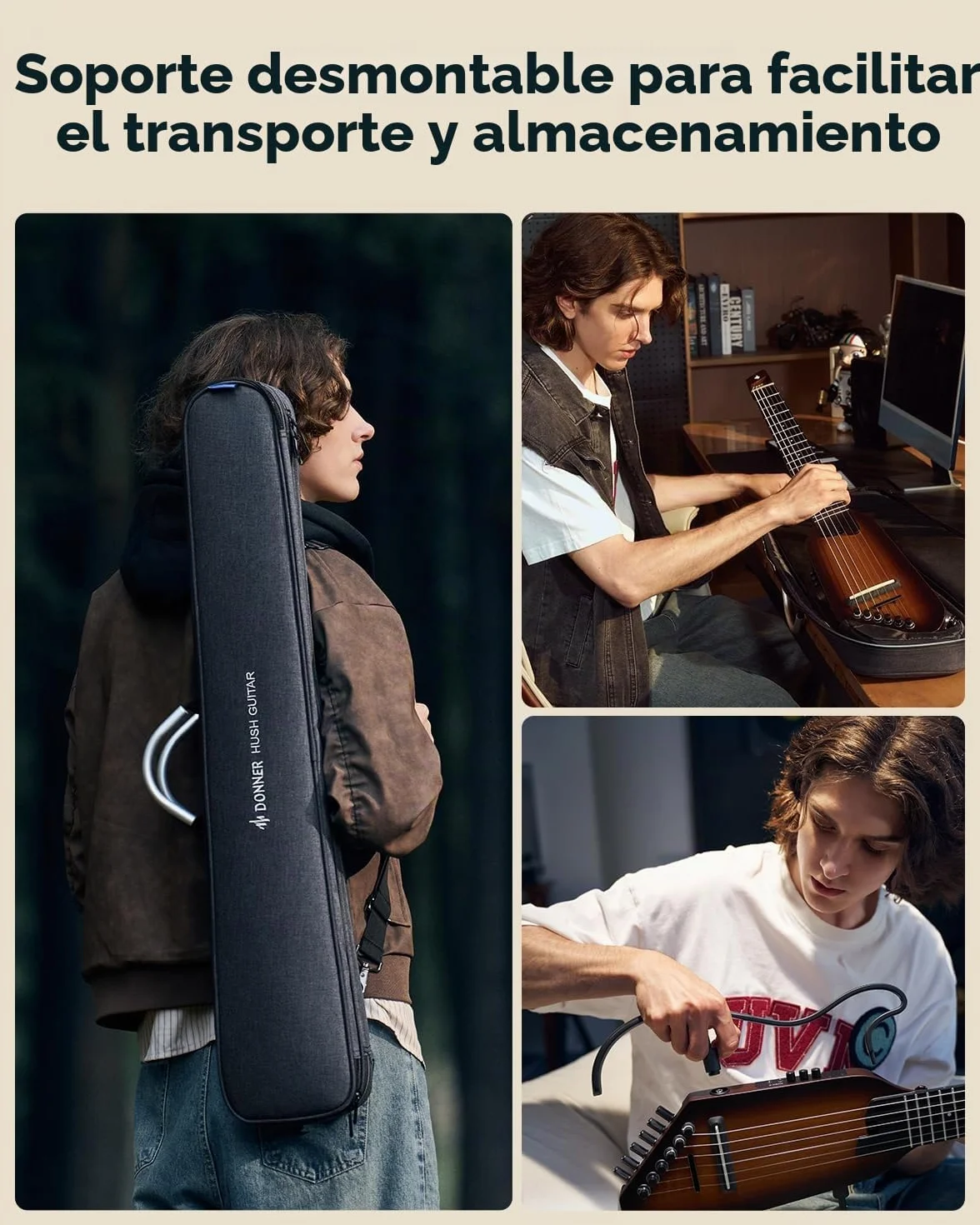 Donner HUSH-C Guitarra de Viaje con Cuerdas de Nylon, Guitarra Electroacústica Portátil, Ultraligera para Práctica Silenciosa con Auriculares, Afinador Integrado y Funda, Sunburst