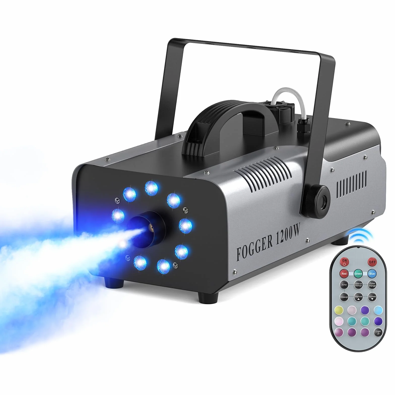 Máquina de Humo Automática 1200W 9 RGB LED Máquina de Niebla Colores Efectos con Remoto Inalámbrico Portátil Fog Machine para Hogar Fiesta Boda Espectáculo Bar Escenario Halloween Navidad