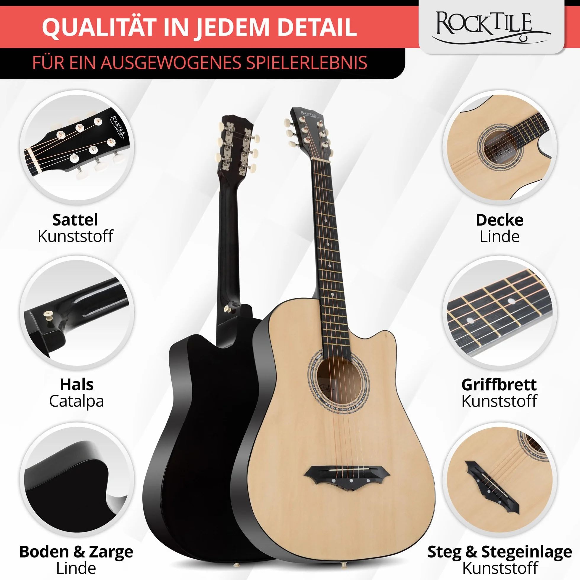 Rocktile WSD-5C-NT Slim Line Set De Guitarras Western - Guitarra Acústica Dreadnought - Cuerpo De Tilo - Mástil: Catalpa - Set Incluye Funda, Cuerdas De Repuesto, Correa Y Púas - Natural
