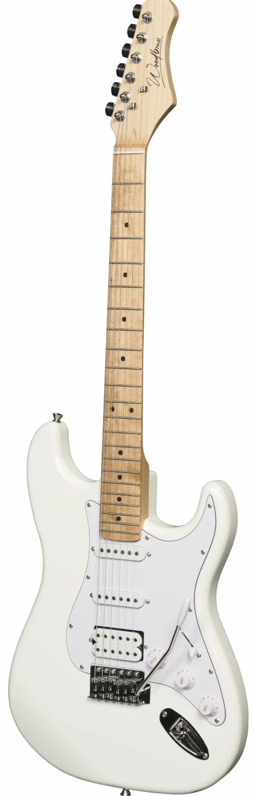 Guitarra eléctrica Woodbrass ST100 blanca – Ideal para principiantes, cuerpo de madera ST tilo americano, tecla de arce – Estilo rock, pop, funk, country, hard, metal