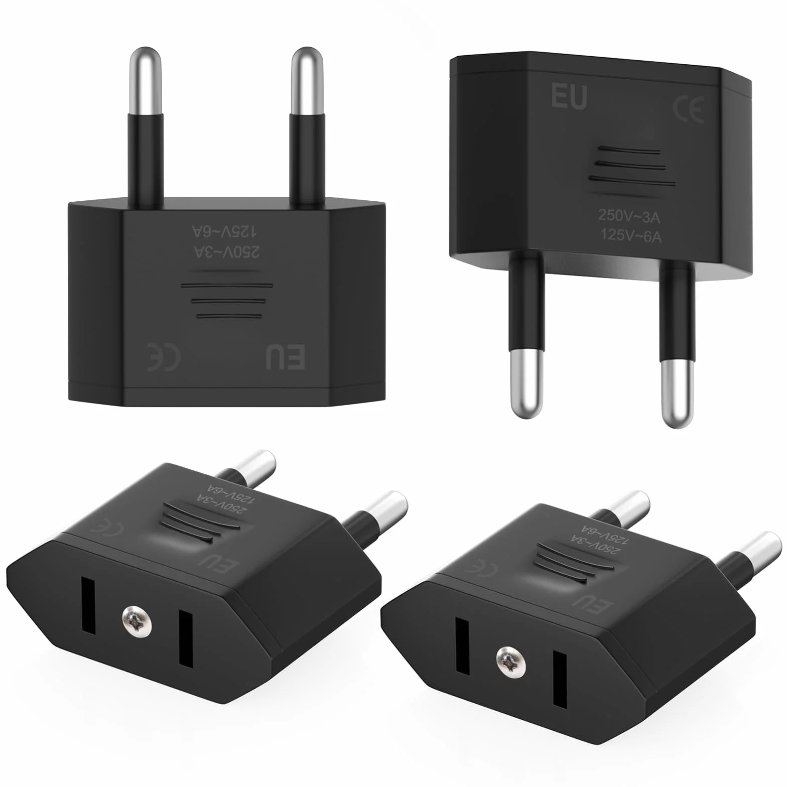 Adaptador Enchufe Americano a Europeo 4 Piezas, USA a España, Negro Compacto Viaje