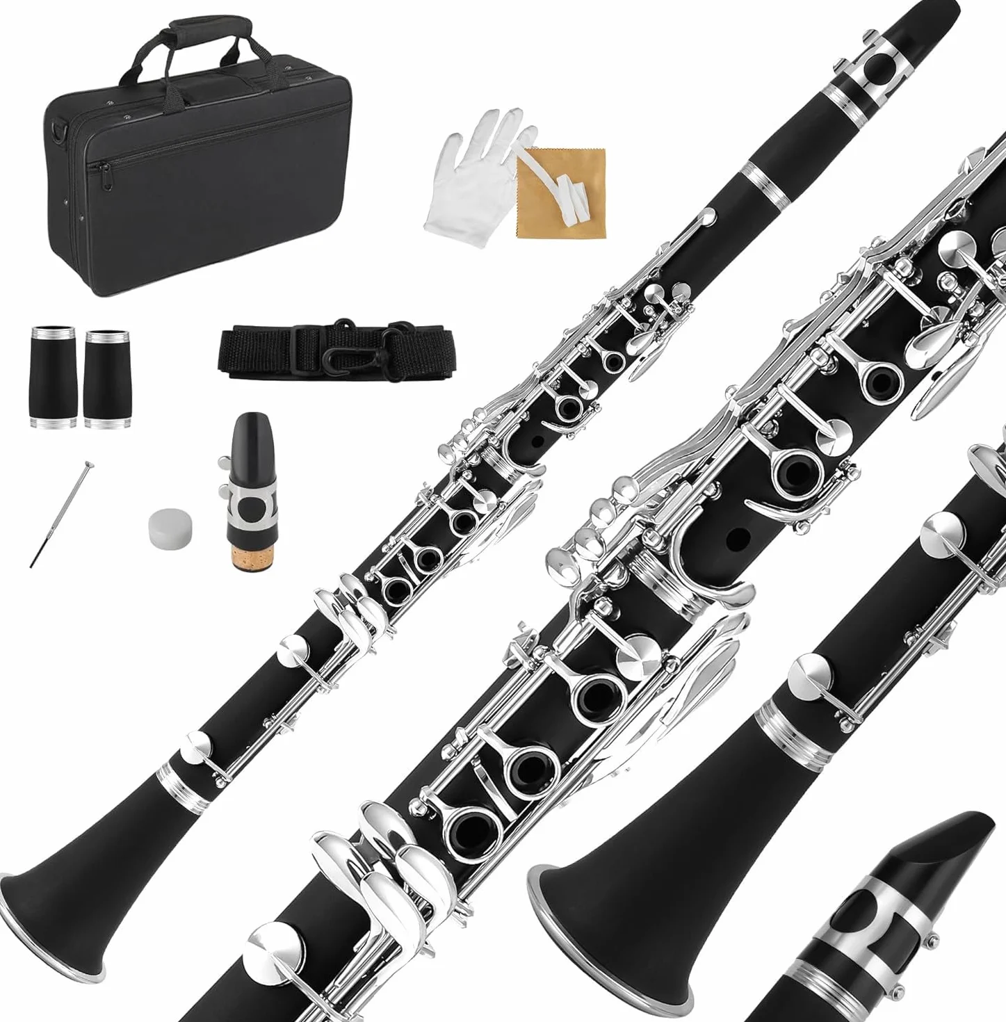 Clarinete B Flat 17 Llaves, Clarinete Profesional de Bb para Principiantes en Niquelada, con Estuche Rígido Kit de Limpieza, Instrumentos de Viento