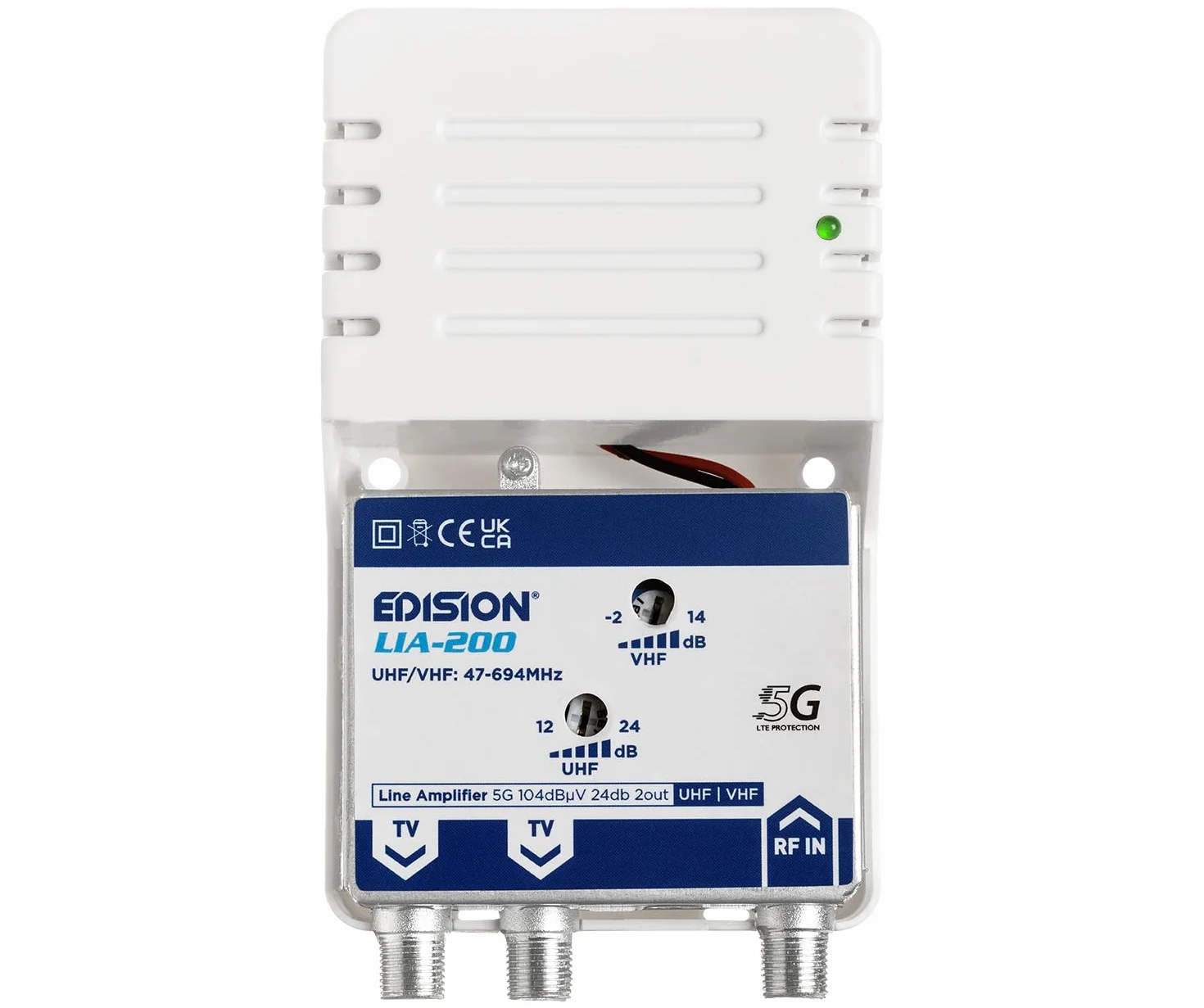 EDISION LIA-200 Amplificador Interior UHF/VHF 12-24dB Ajustable 104dBmV DVB-T/T2 con Filtro 5G LTE 1 Entrada 2 Salidas