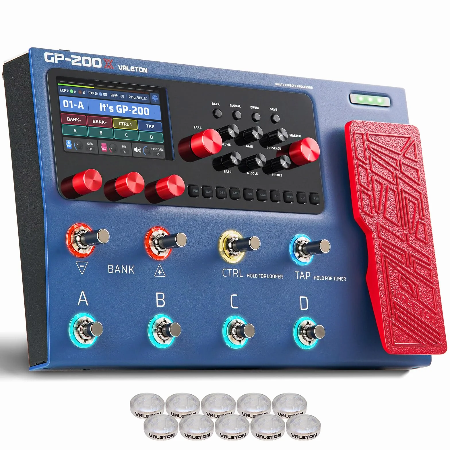 VALETON Guitarras Bajo Pedal de Efectos Multi-Efectos Procesador Guitarras Bajo Modeling IR Gabinets Simulación con FX Loop MIDI I/O Expression Pedal estéreo OTG USB GP-200X