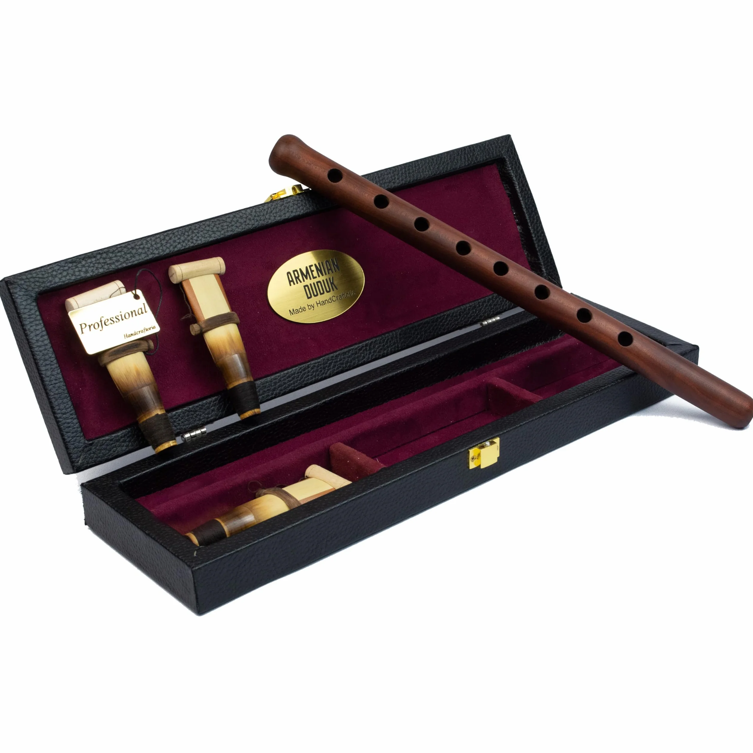 HandCraftoria Instrumento profesional armenio DUDUK de madera de albaricoque, caja de madera cubierta con cuero, 1 caña profesional y 2 estándar, flauta oboe balaban viento