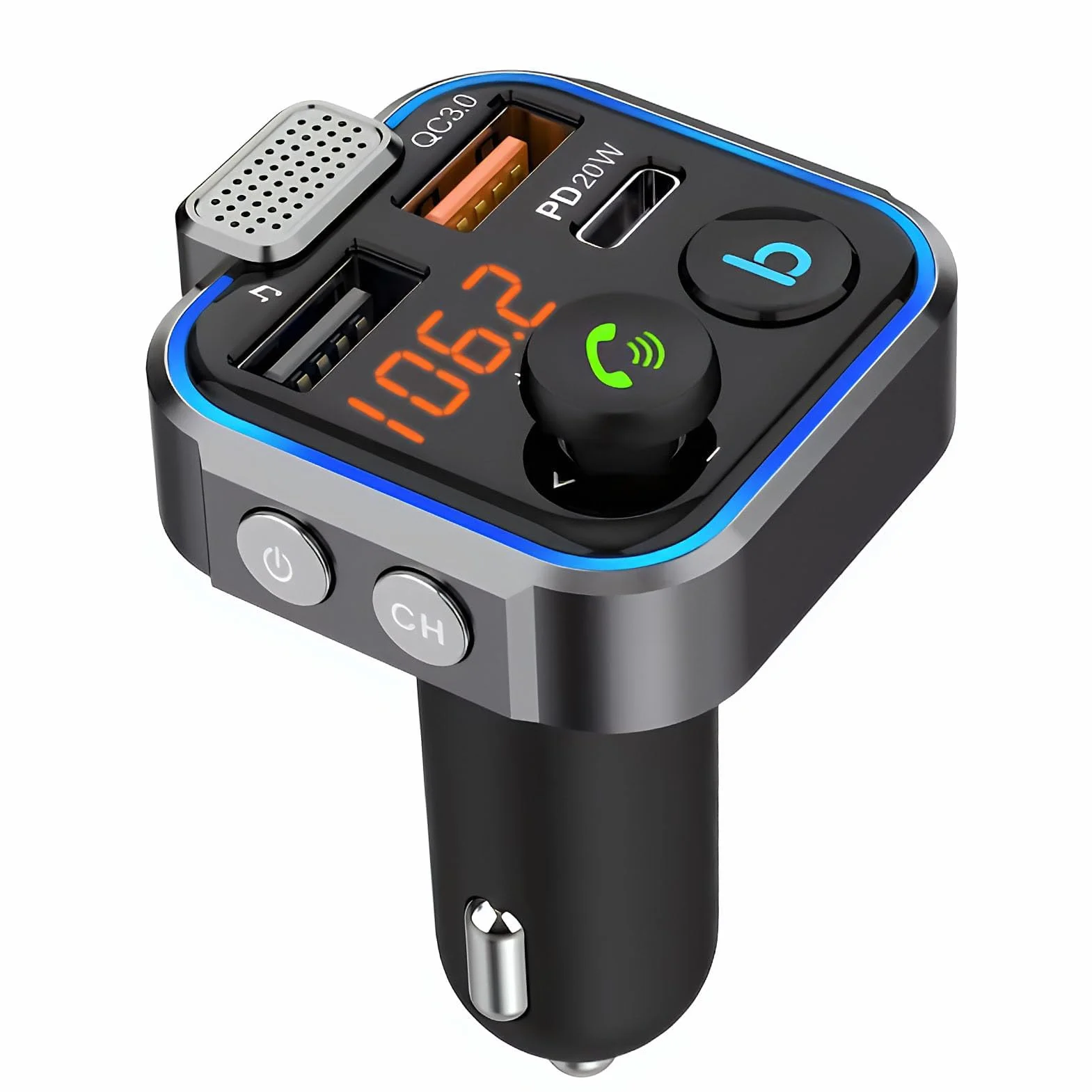 Transmisor FM Bluetooth Coche Adaptador Carga Rápida PD20W QC3.0 Reproductor MP3 USB